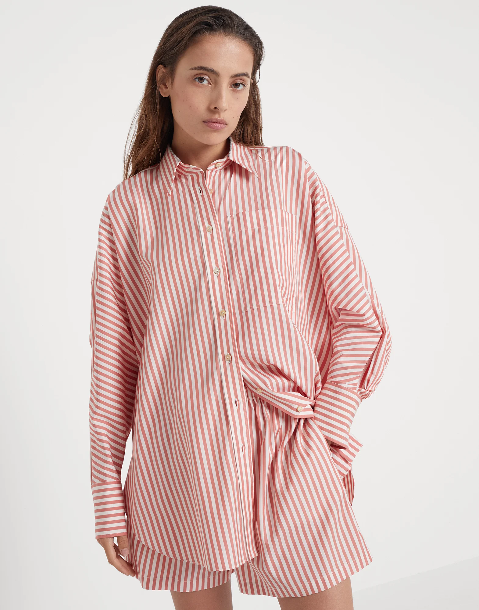 Cotton and silk striped poplin shirt with shiny collar