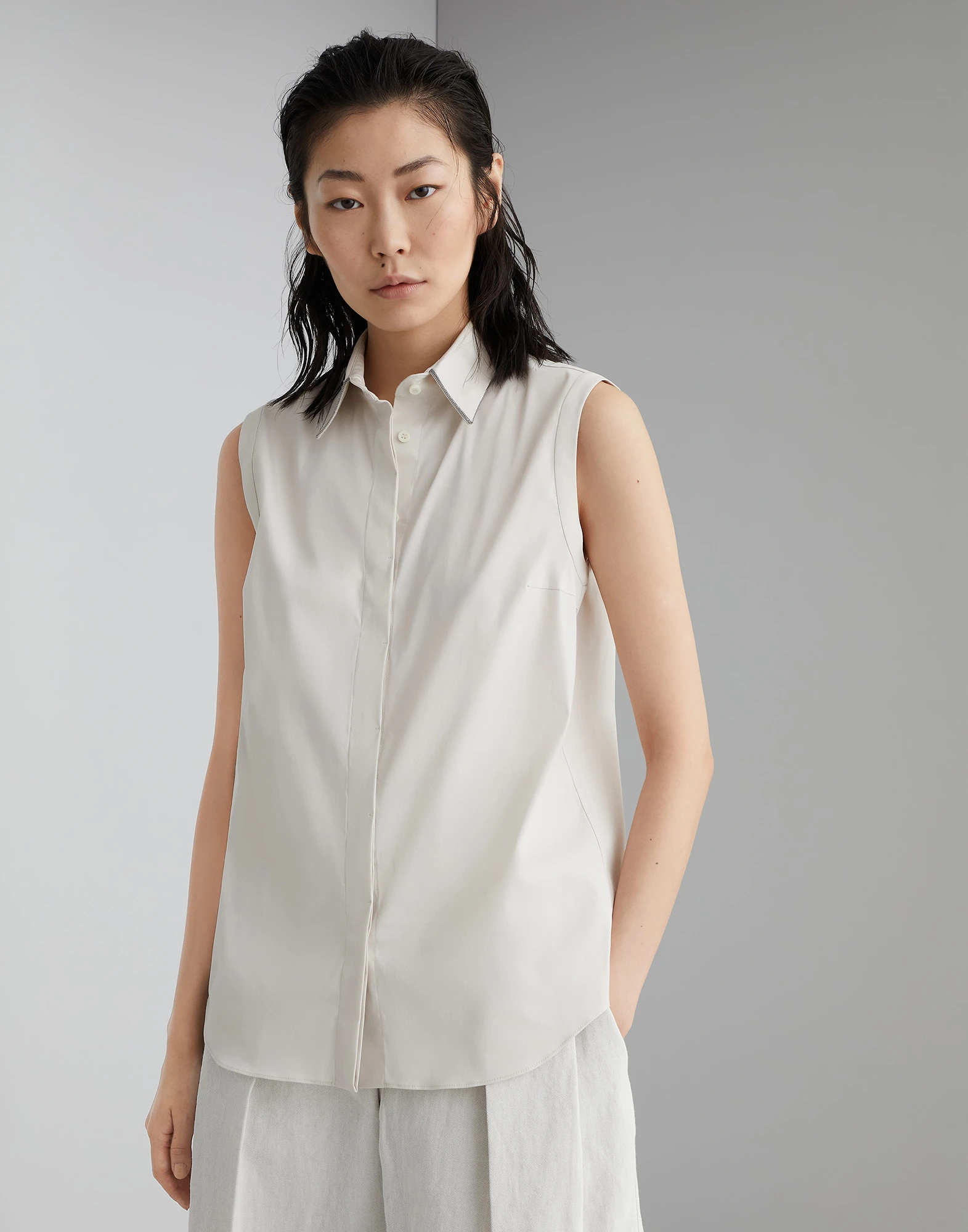 Stretch cotton poplin sleeveless shirt with shiny trim