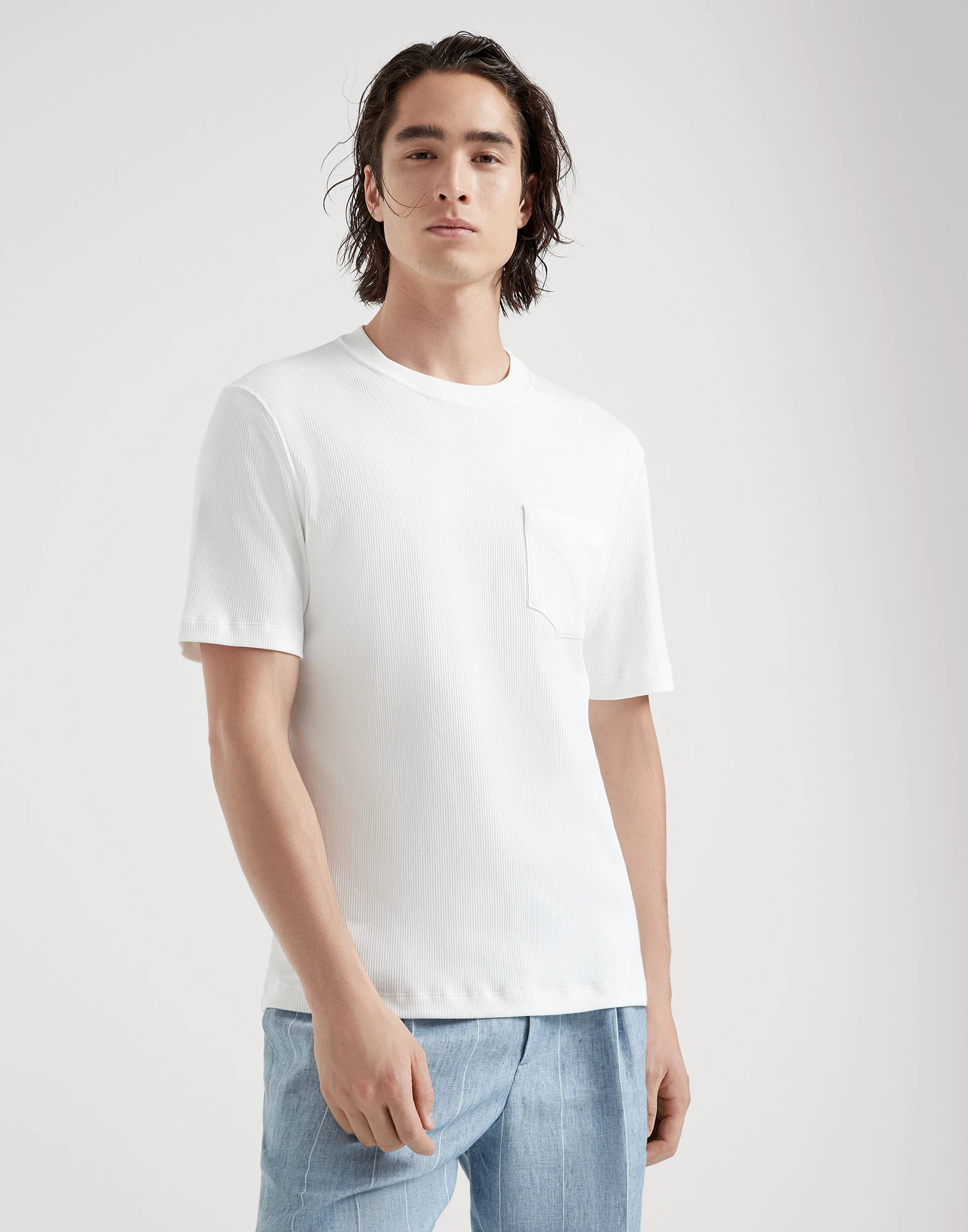 Cotton ribbed jersey crew neck T-shirt with chest pocket
