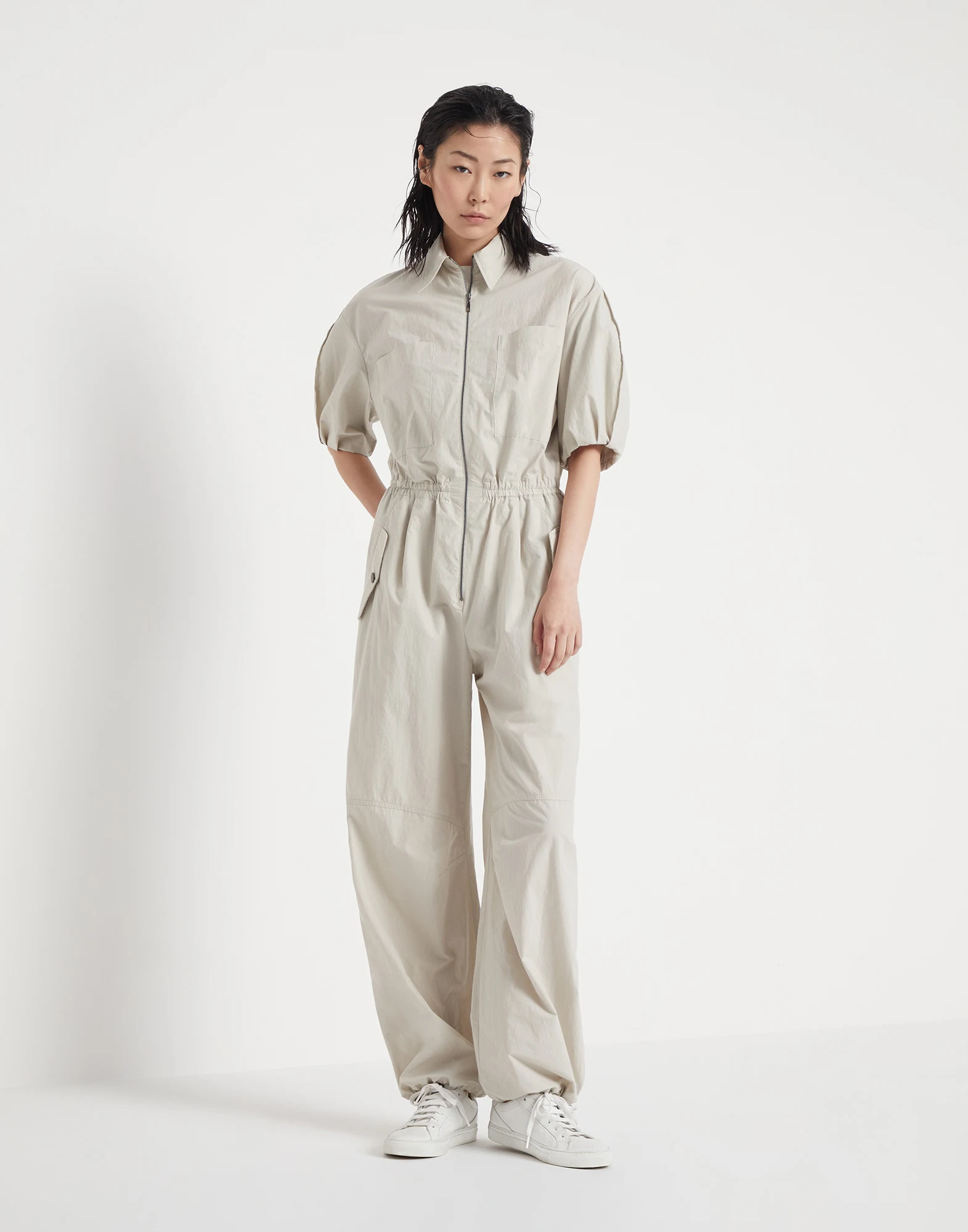 Lightweight wrinkled cotton poplin utility jumpsuit with monili