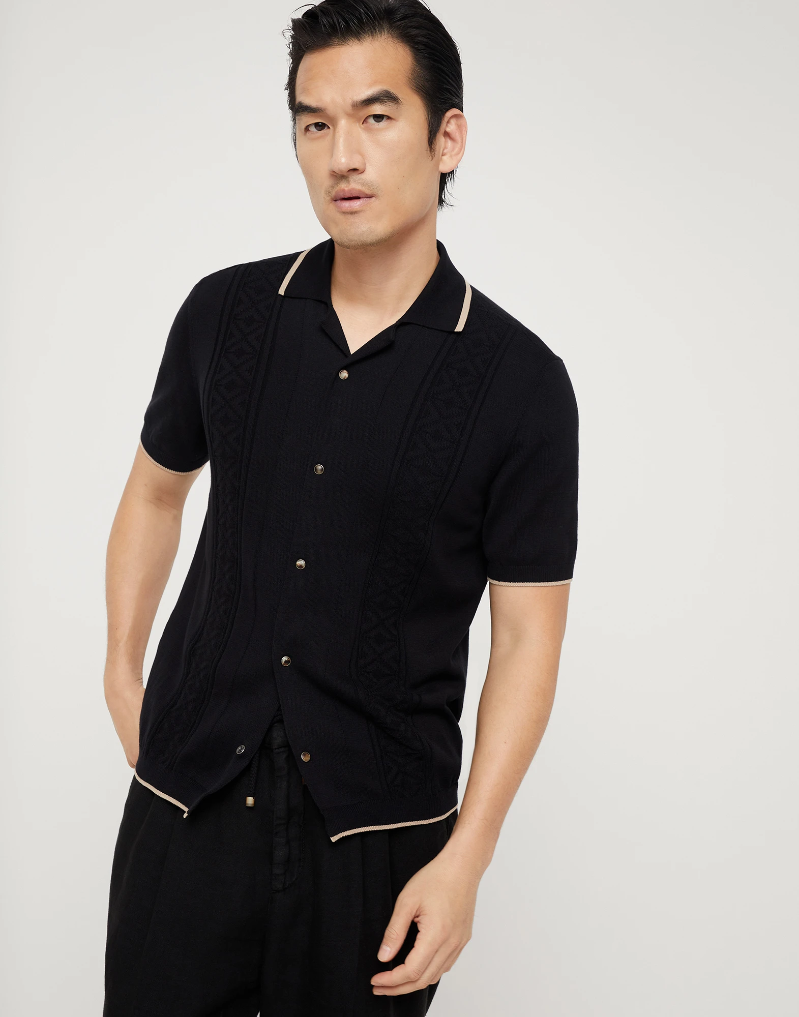 Cotton jacquard rib short sleeve knit shirt