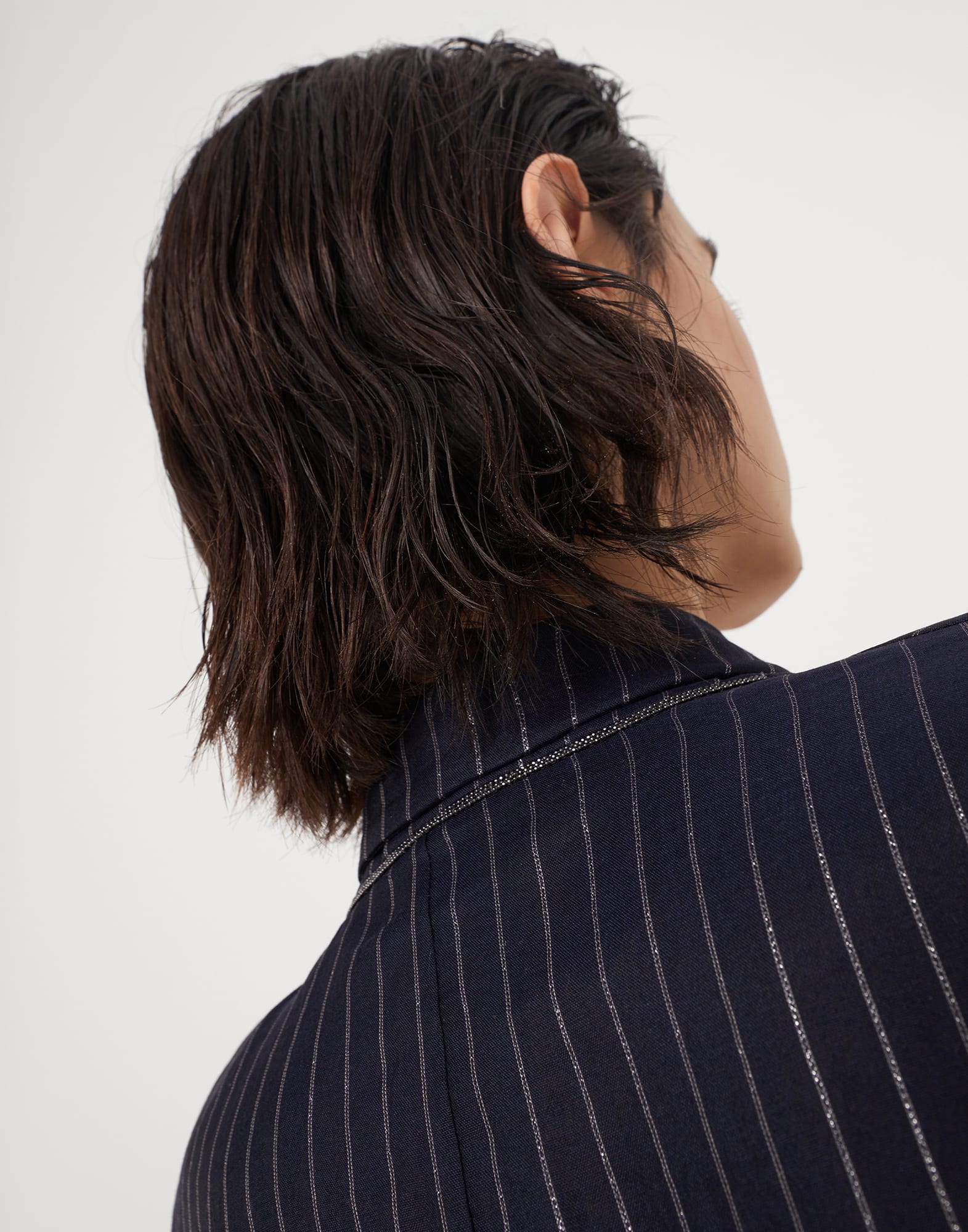 Cotton sparkling stripe gauze blazer with belt and monili