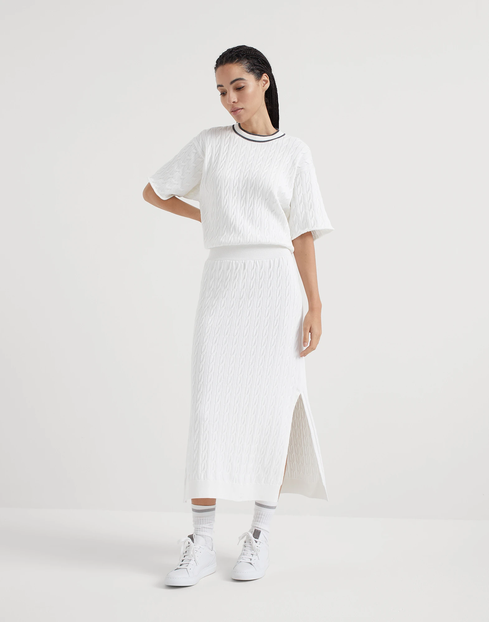 Cotton cable knit dress with shiny collar trims