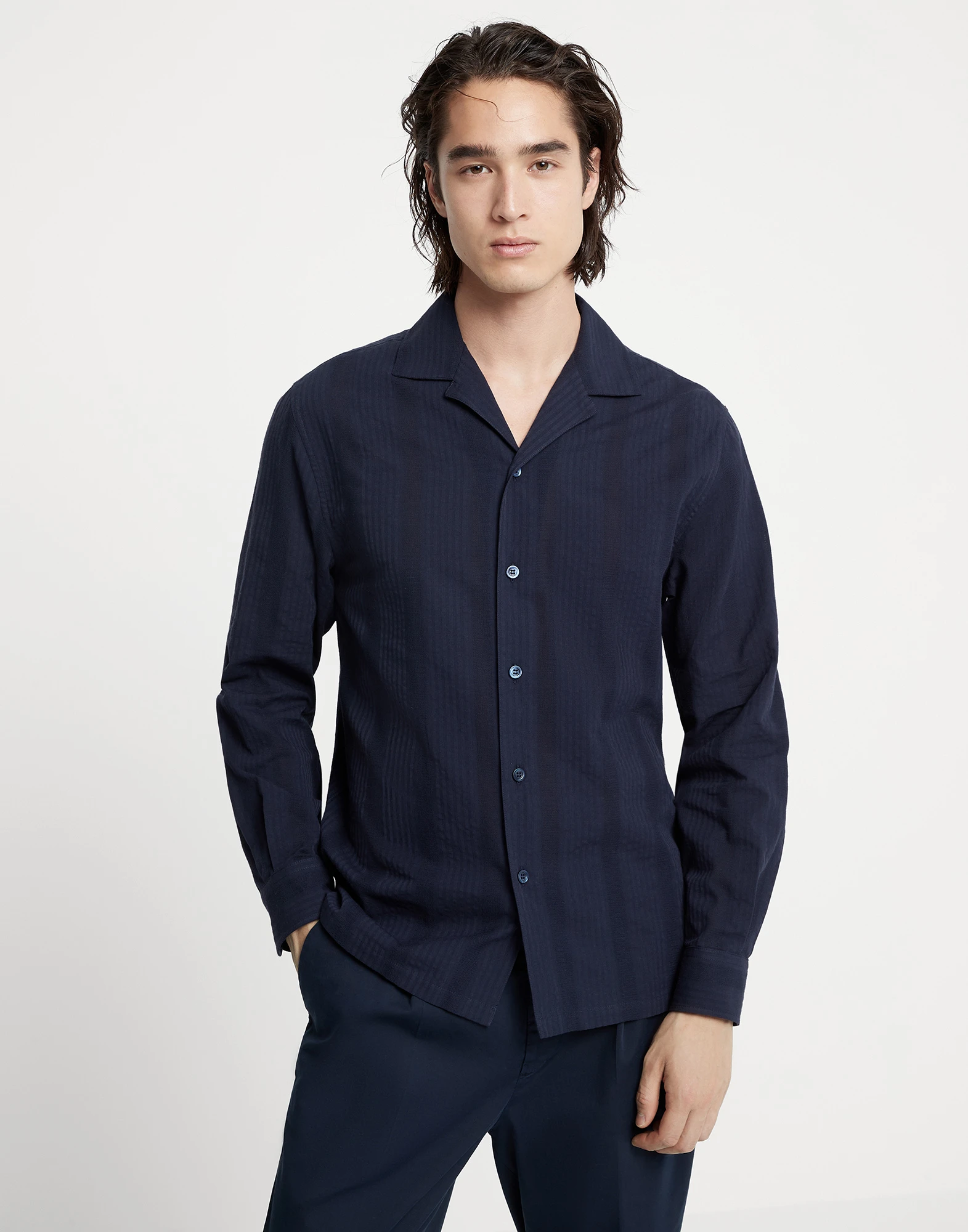 Textured stripe poplin easy fit shirt with camp collar