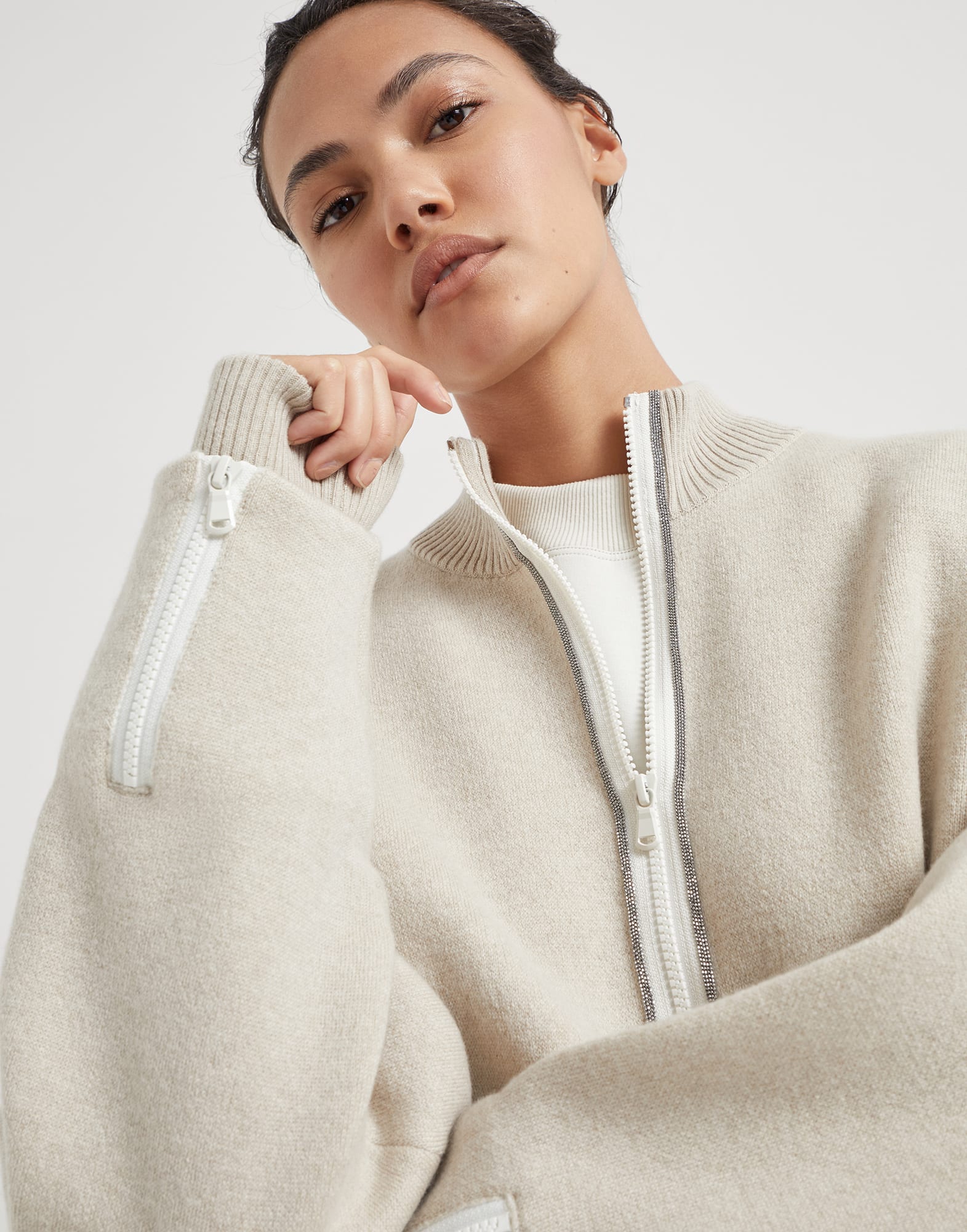 Cashmere double knit outerwear jacket with shiny trims