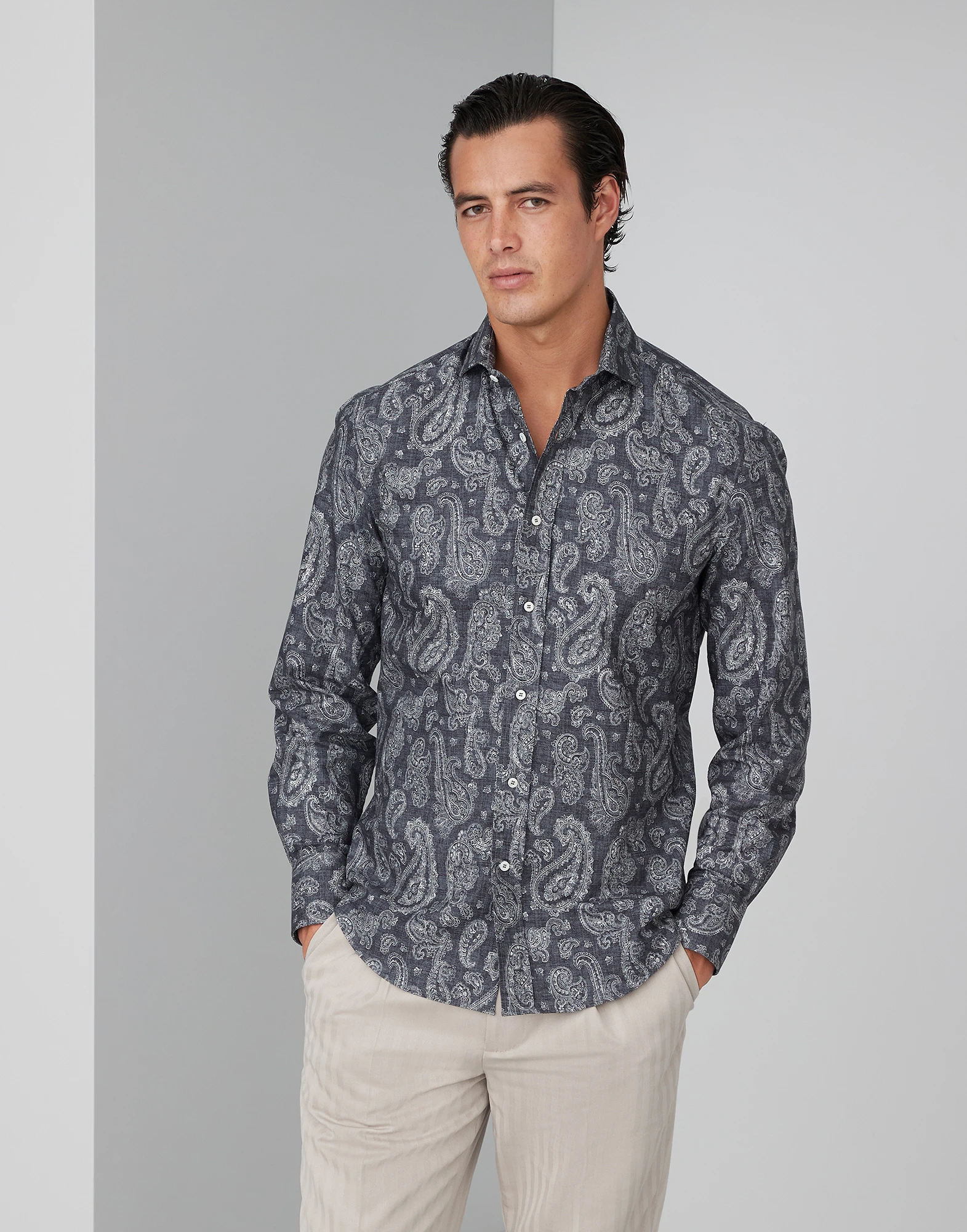 Paisley cotton slim fit shirt with spread collar