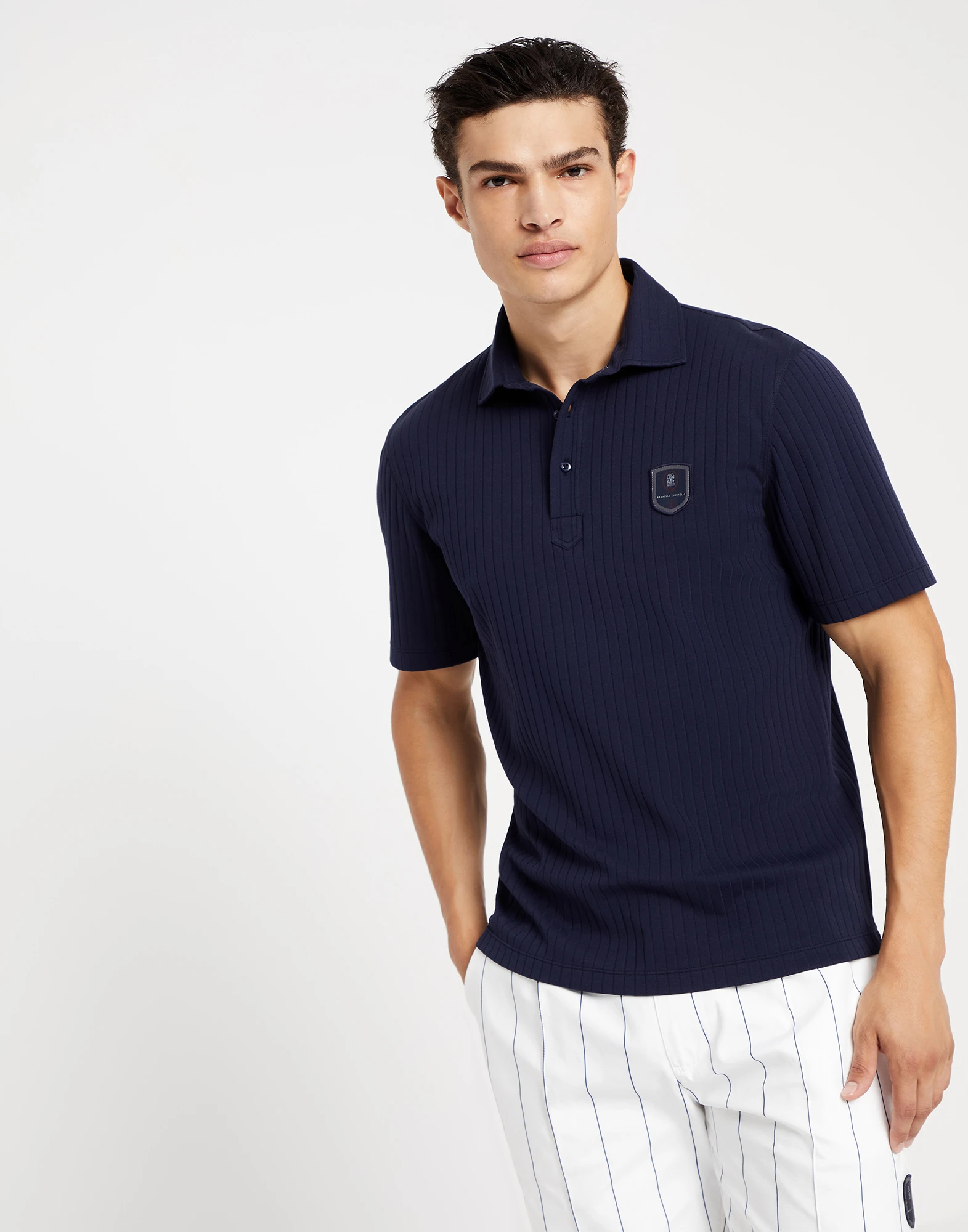Cotton ribbed jersey polo with shirt-style collar and tennis badge