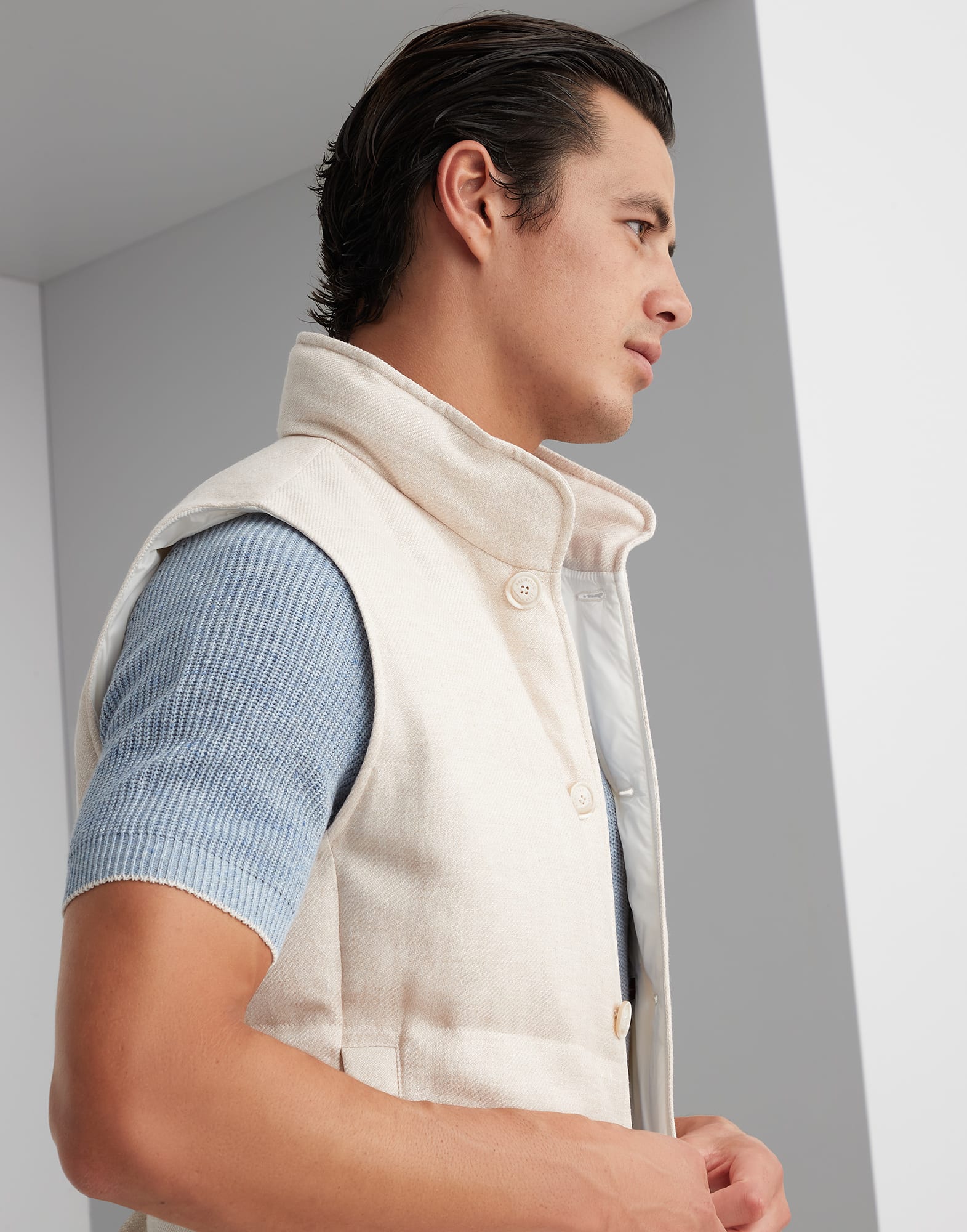 Linen, wool and silk diagonal down vest