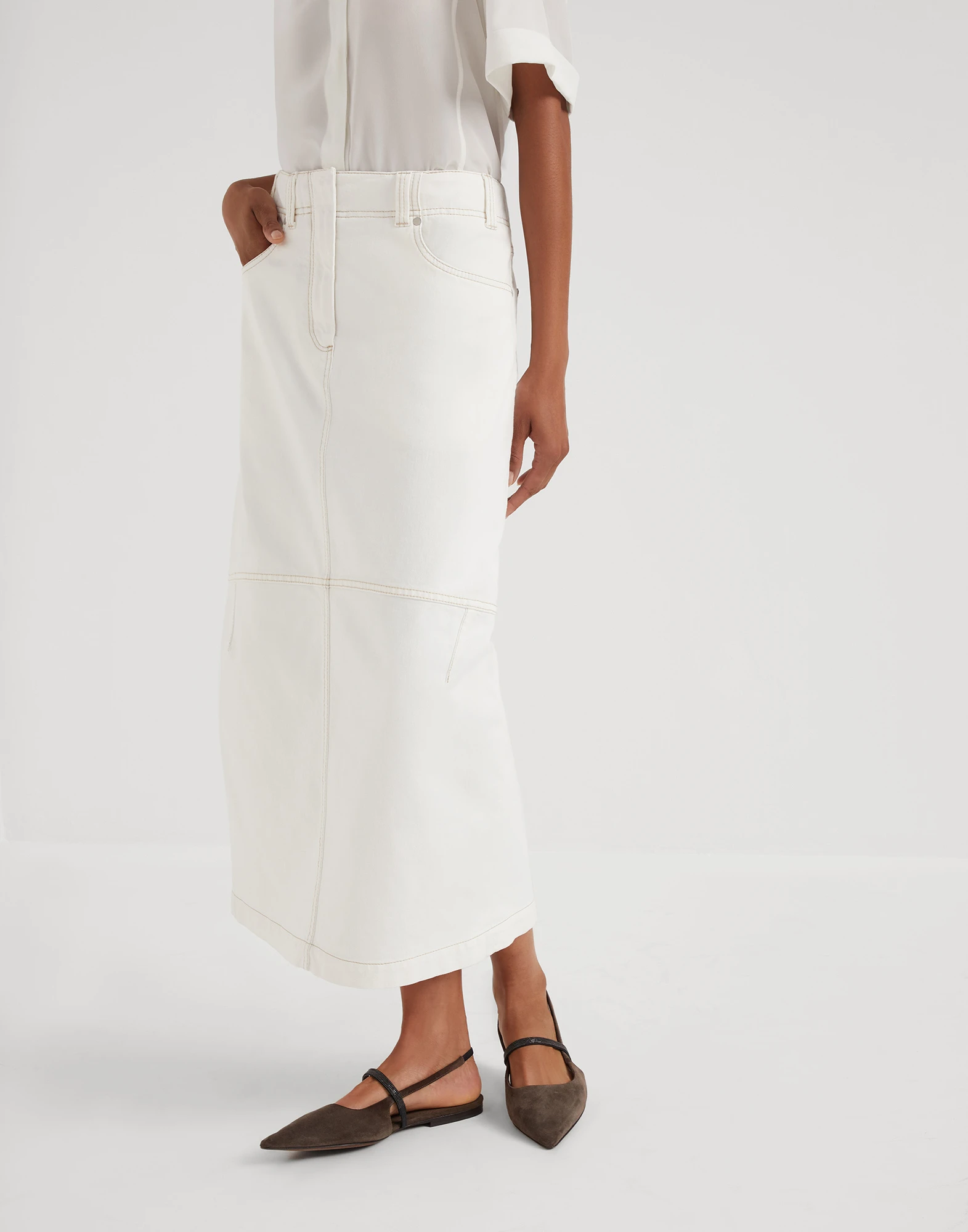 Dyed comfort soft denim curved midi skirt