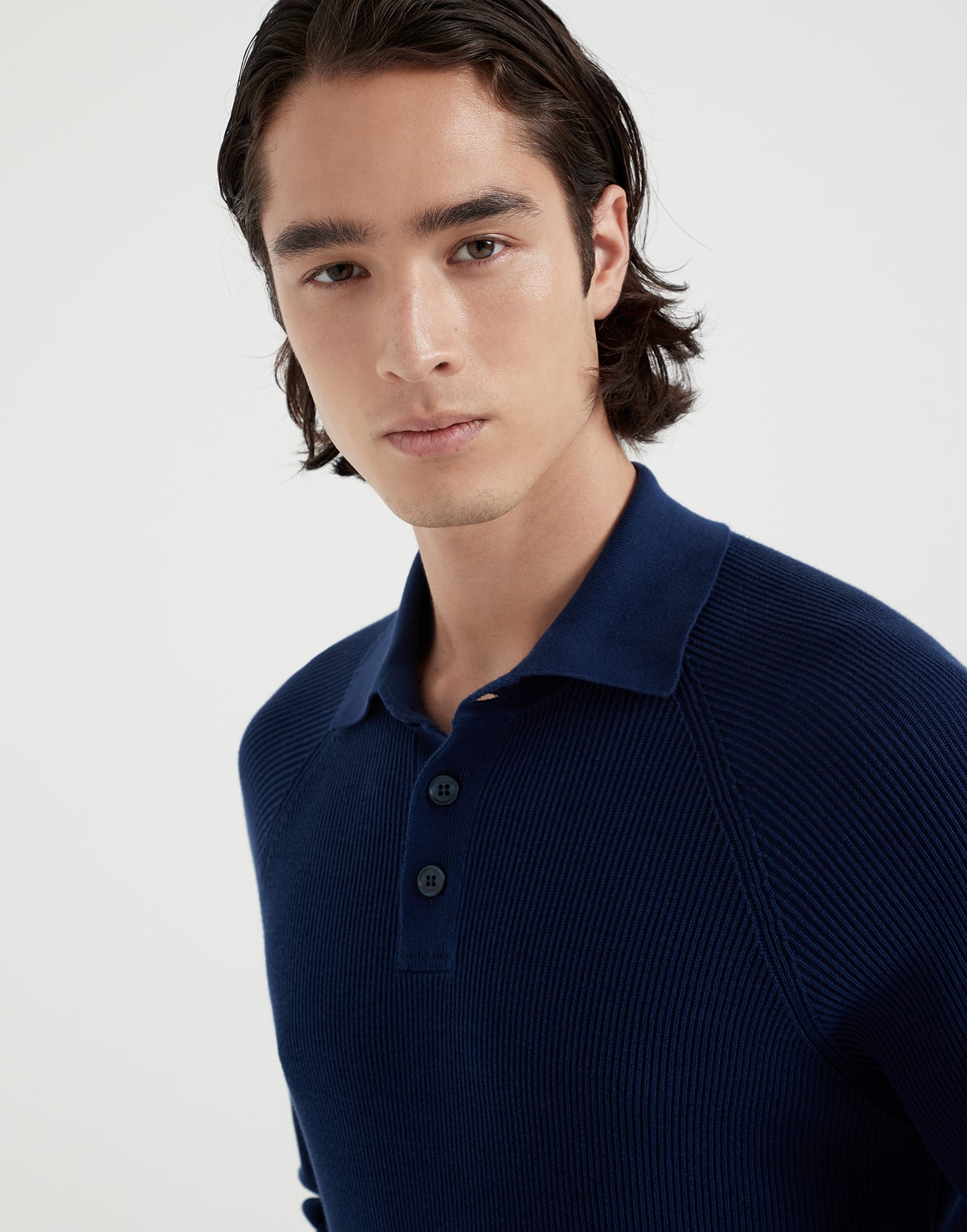 Cotton English rib knit polo with long raglan sleeves