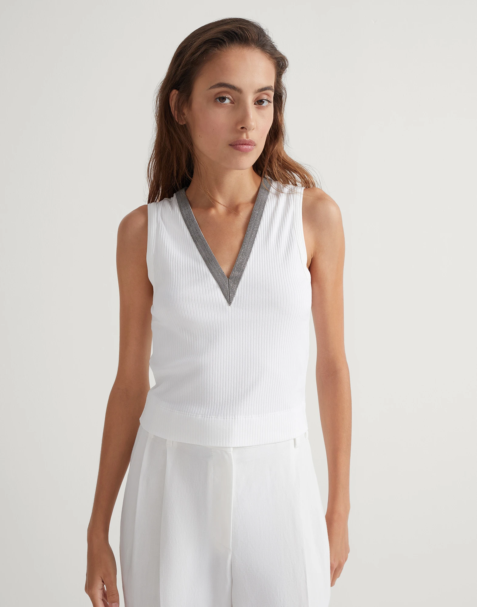 Stretch cotton ribbed jersey cropped top with precious neckline