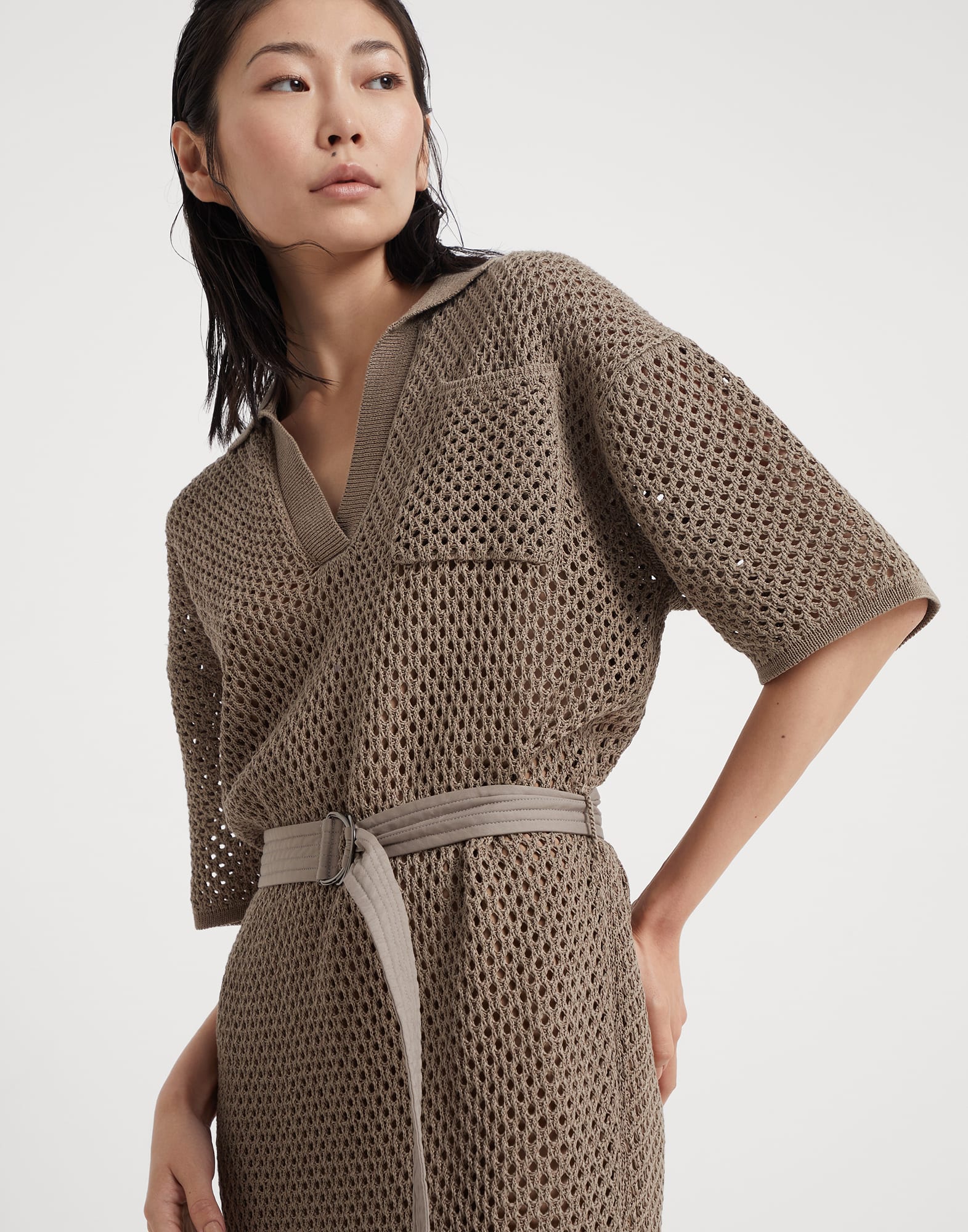 Cotton net knit dress with belt