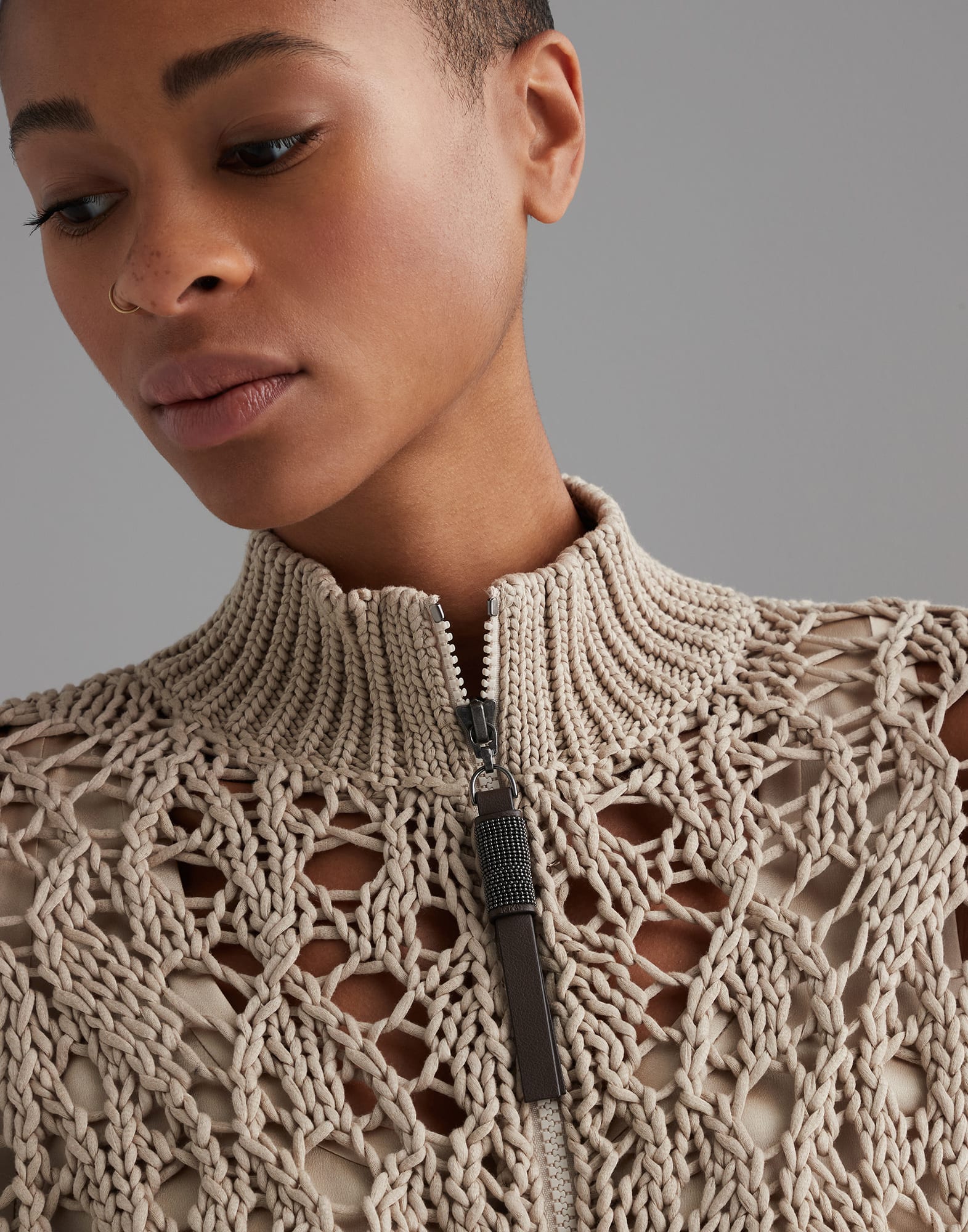 Cotton soft feather yarn lace stitch cardigan with precious zipper pull
