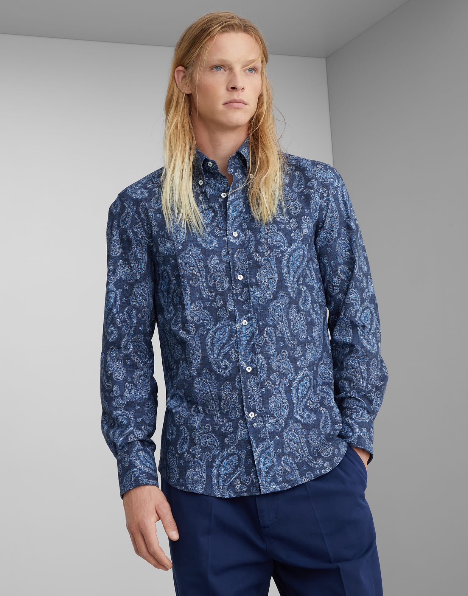 Paisley cotton slim fit shirt with button-down collar