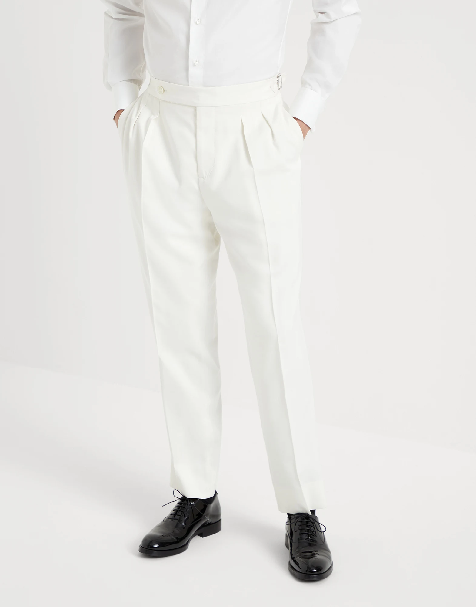 Delave silk twill tuxedo trousers with double pleats and tabbed waistband