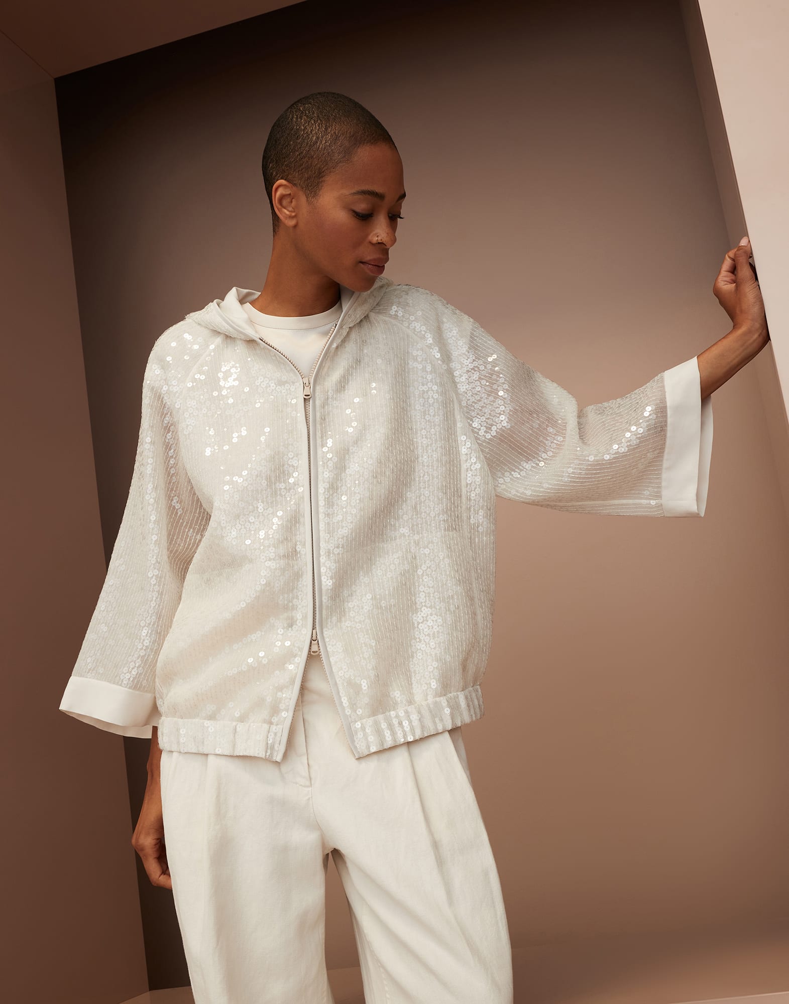 Dazzling embroidery hooded outerwear jacket in crispy silk