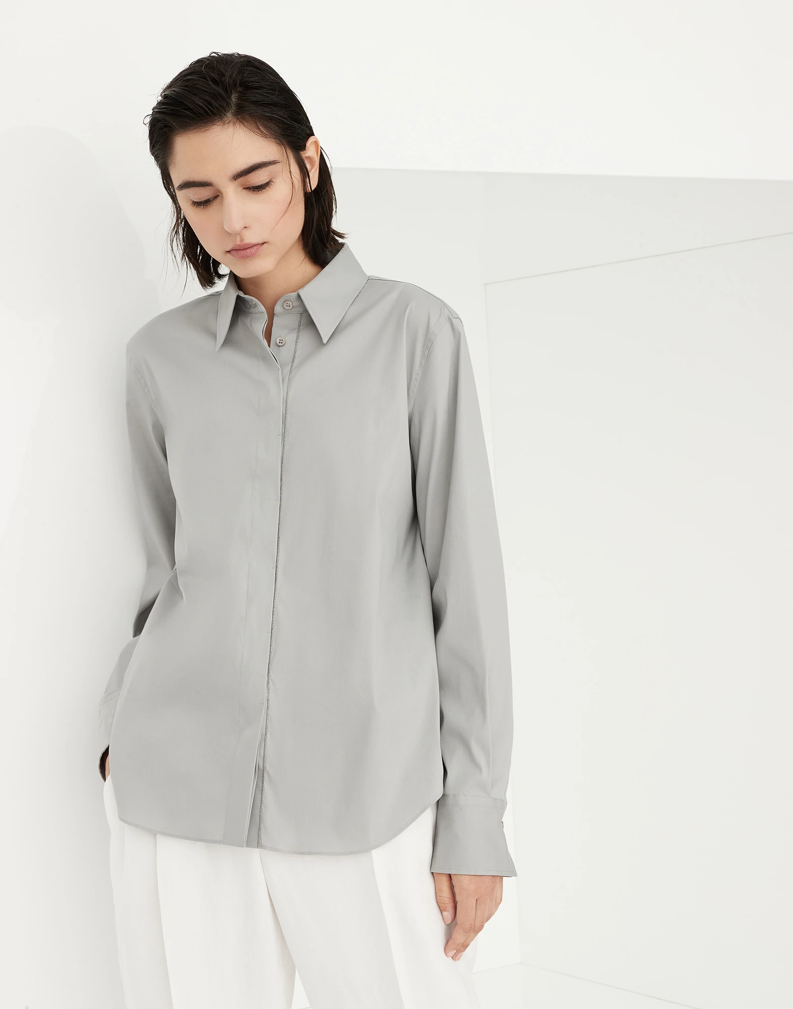 Stretch cotton poplin shirt with shiny trim