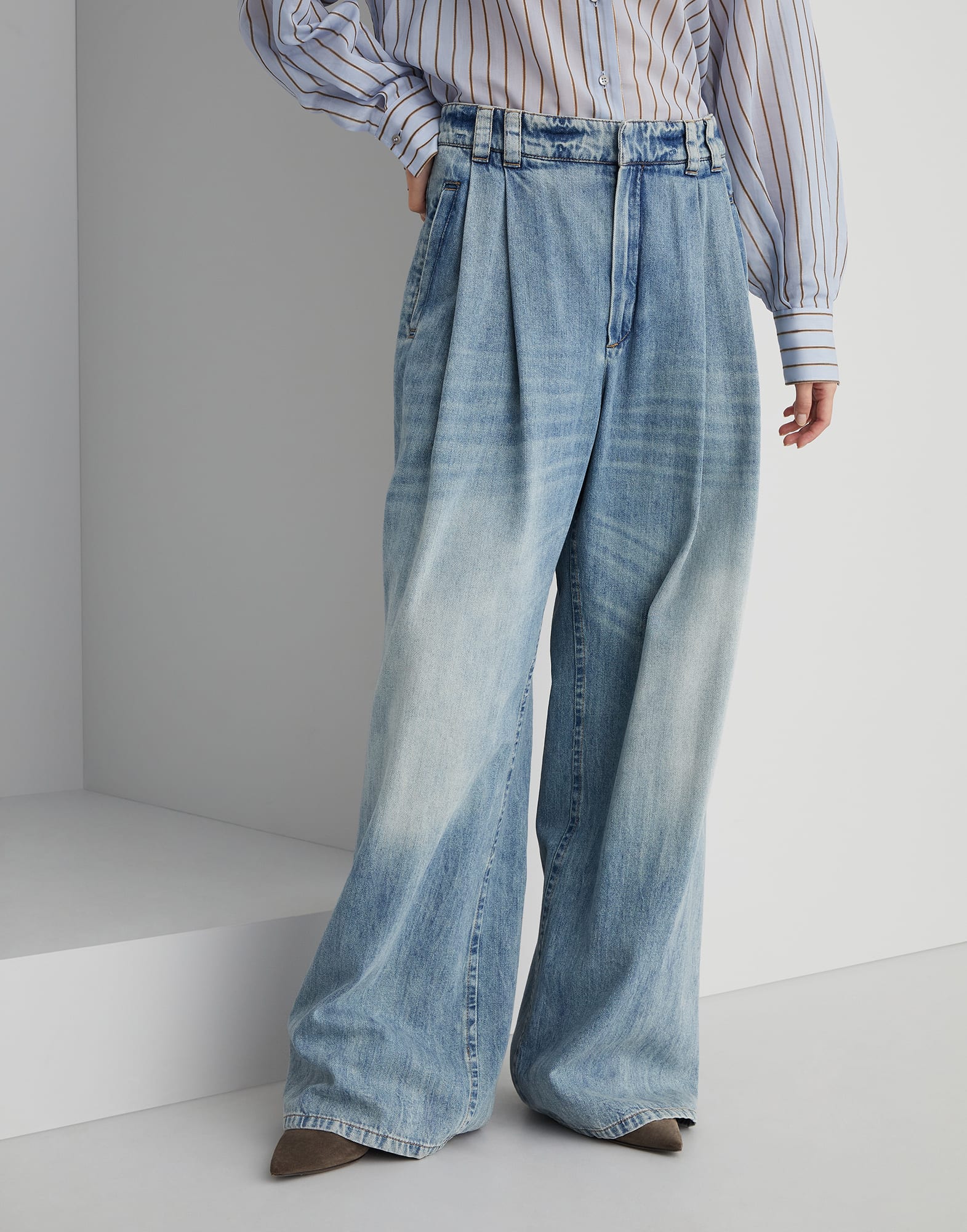 Soft denim baggy wide trousers