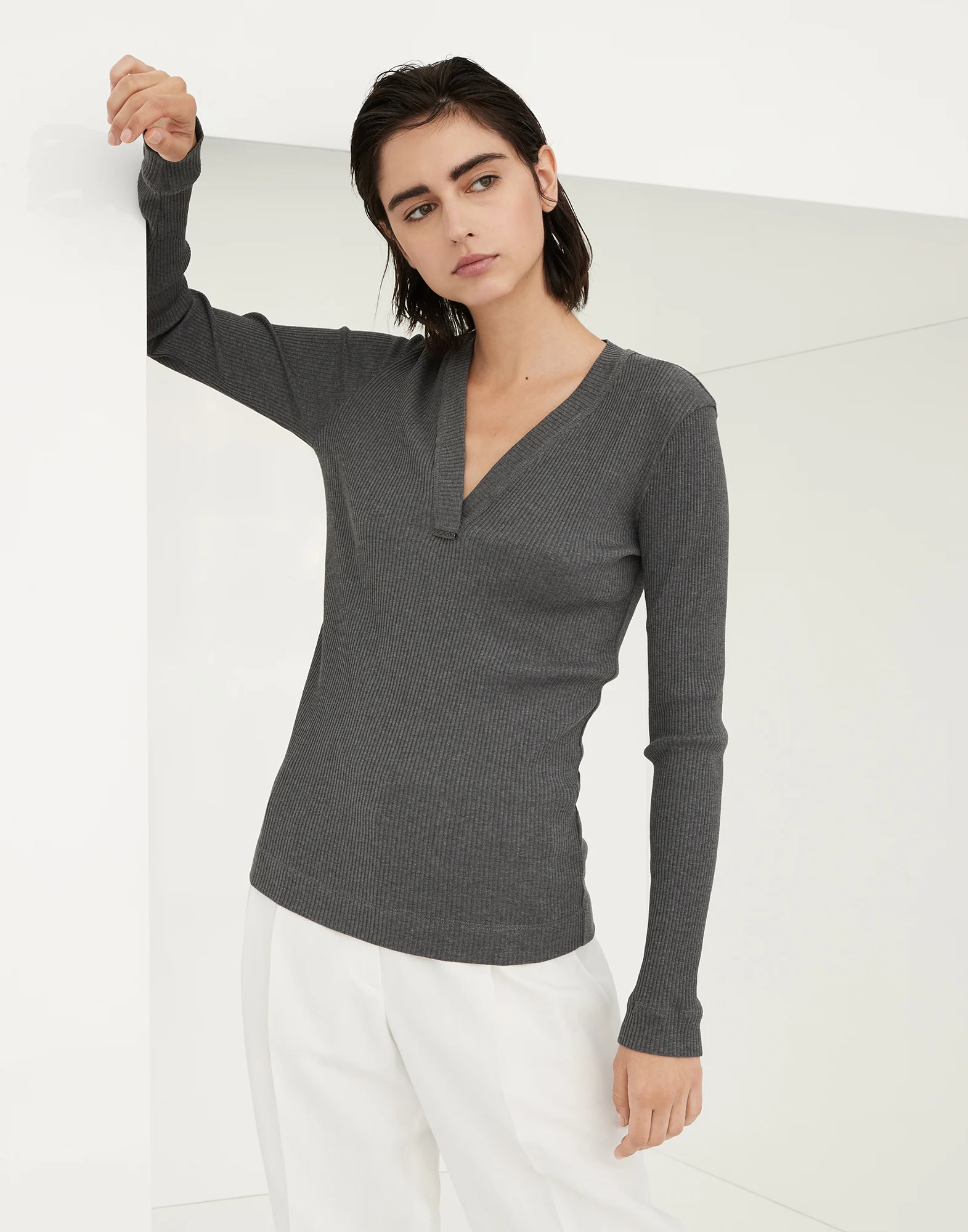 Cotton ribbed jersey T-shirt with shiny tab