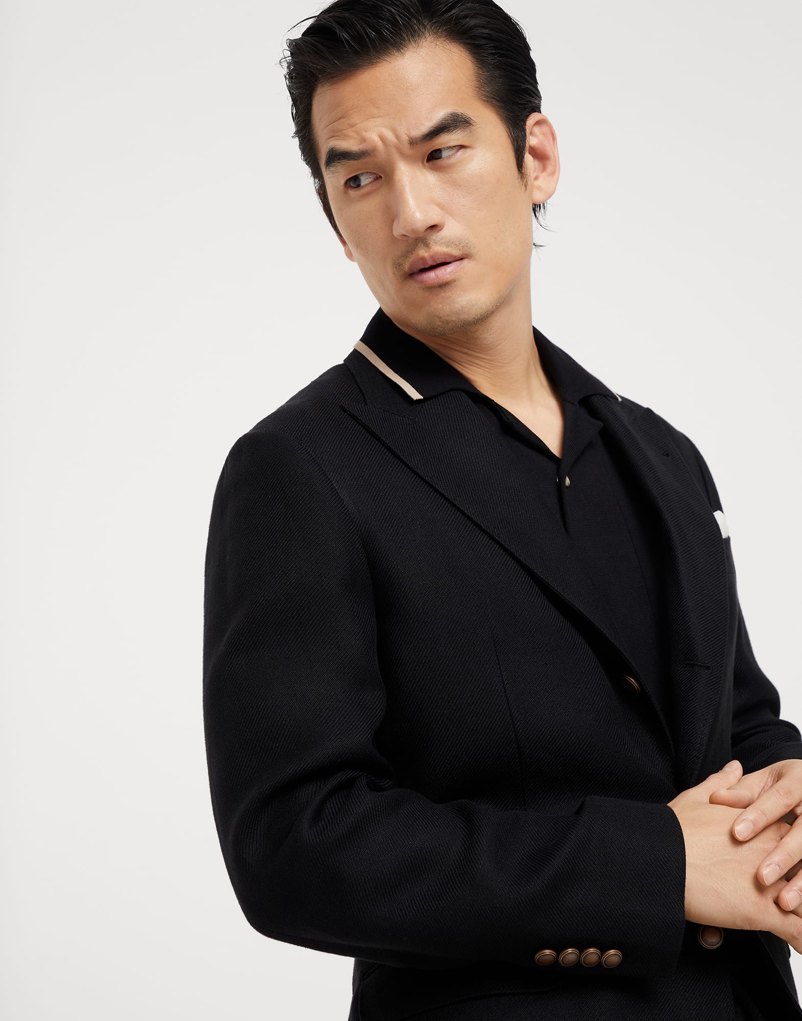 Linen, wool and silk diagonal deconstructed blazer with large peak lapels and metal buttons