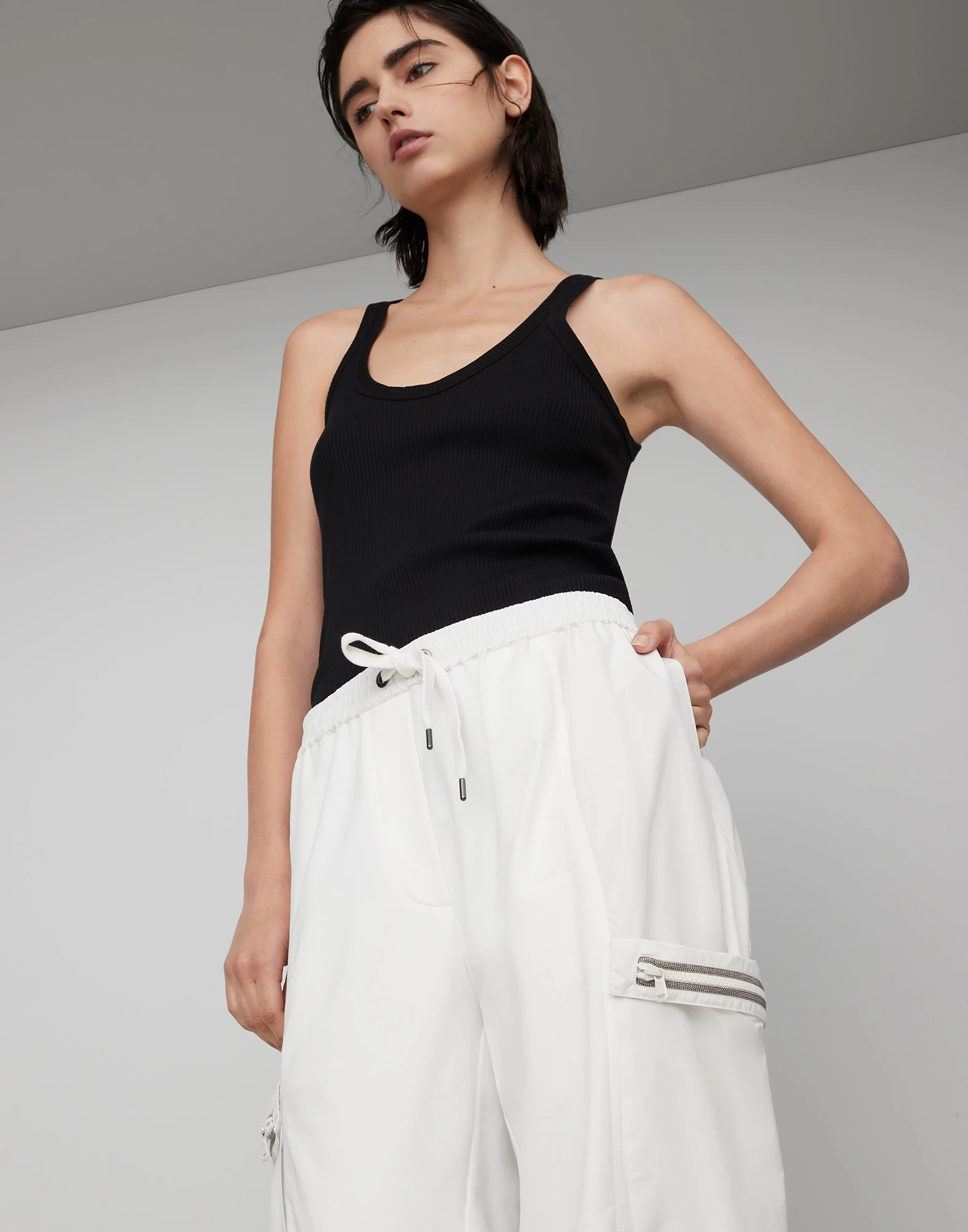 Stretch cotton lightweight French terry cargo trousers with shiny pocket trim