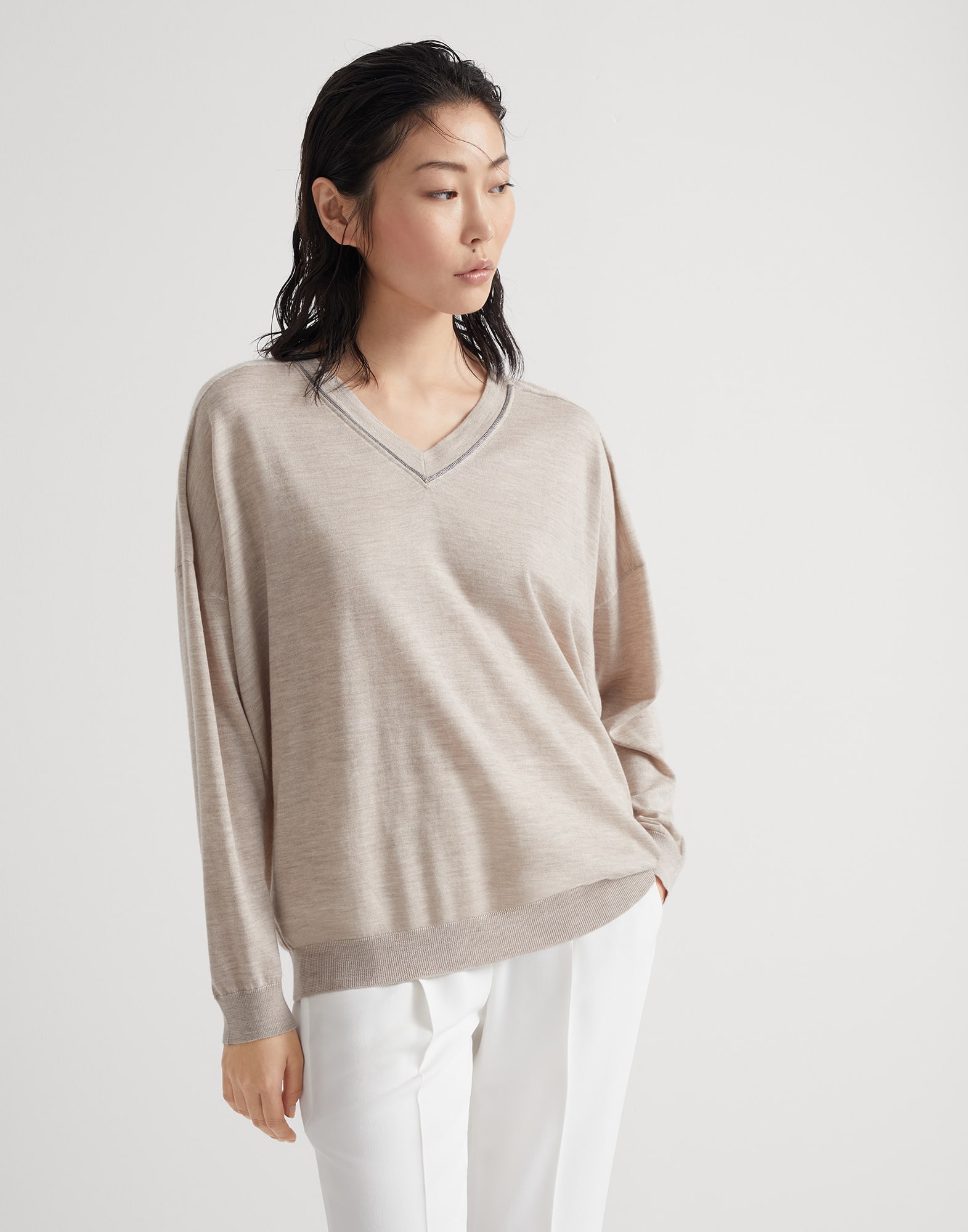 Cashmere and silk lightweight sweater with shiny collar trim
