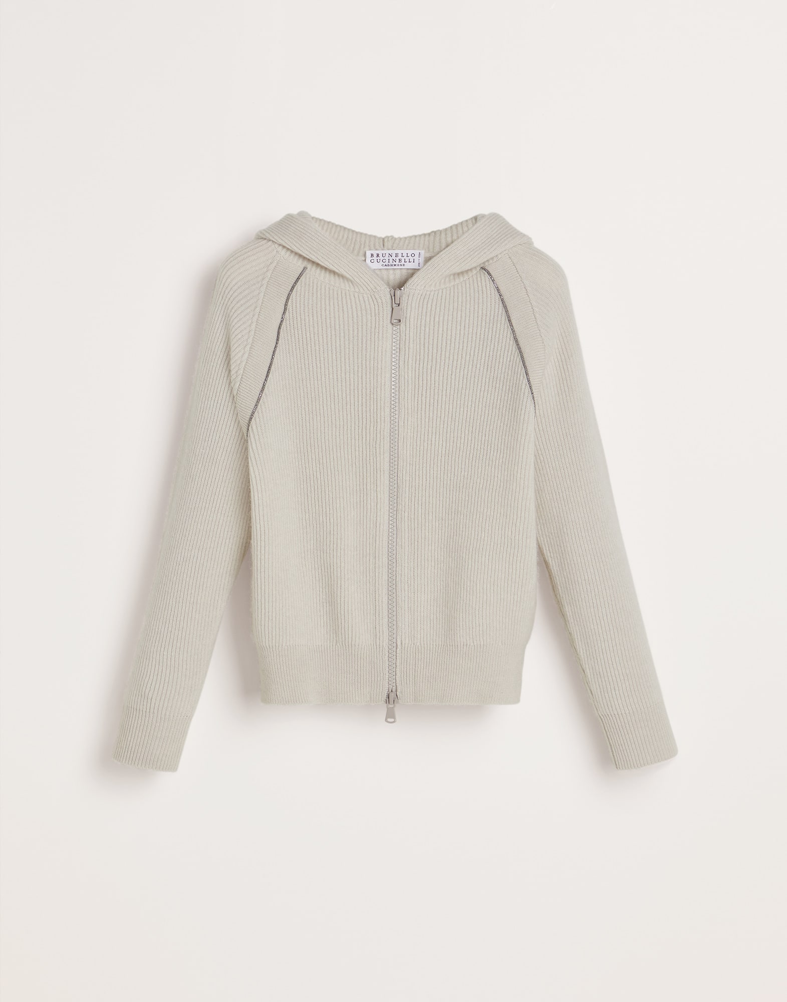 Cashmere English rib hooded cardigan with monili