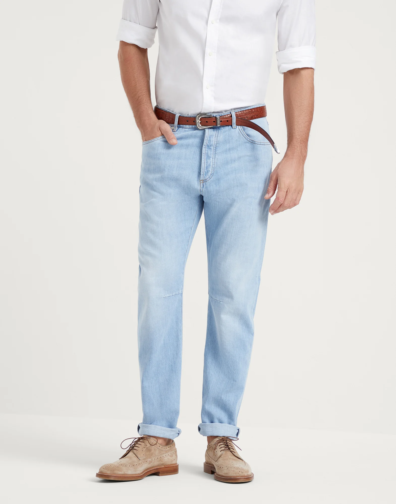 Lightweight denim leisure fit five-pocket trousers