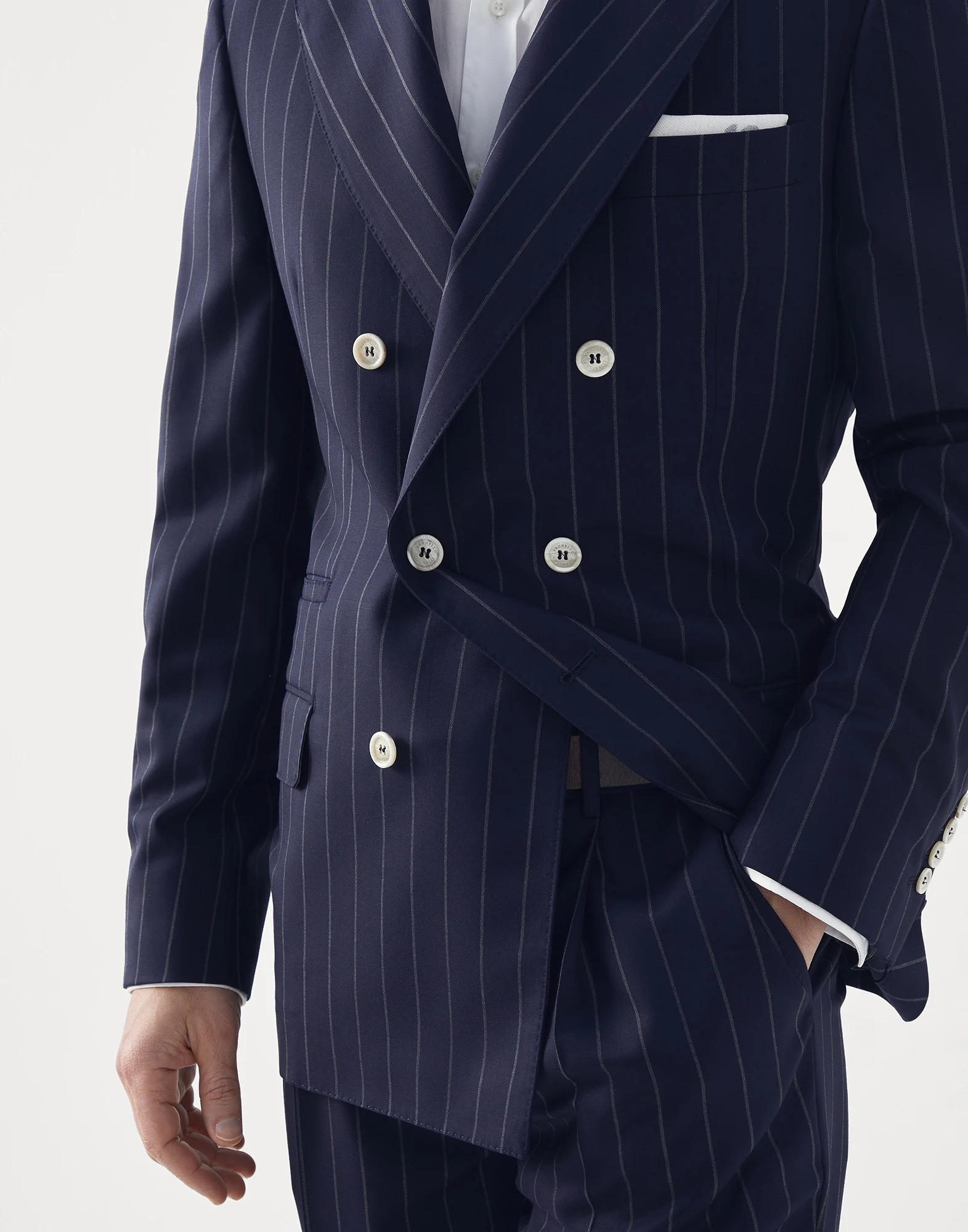 One-and-a-half-breasted blazer in super 150s virgin wool wide chalk stripe batavia