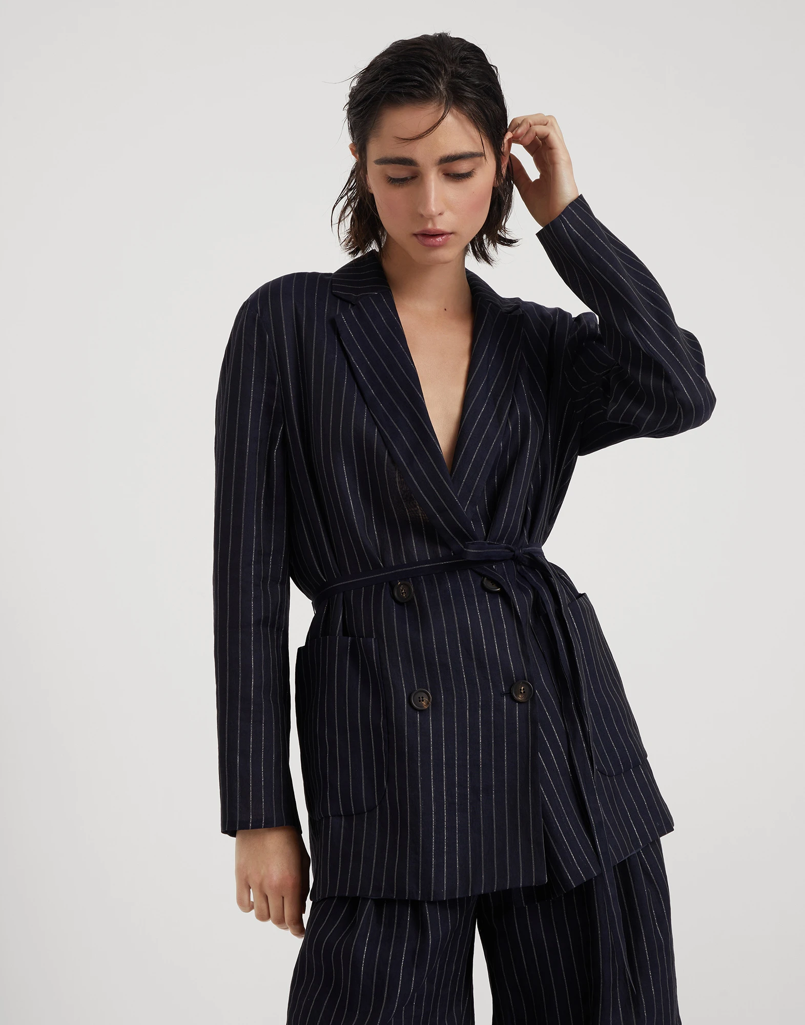 Cotton sparkling stripe gauze blazer with belt and monili