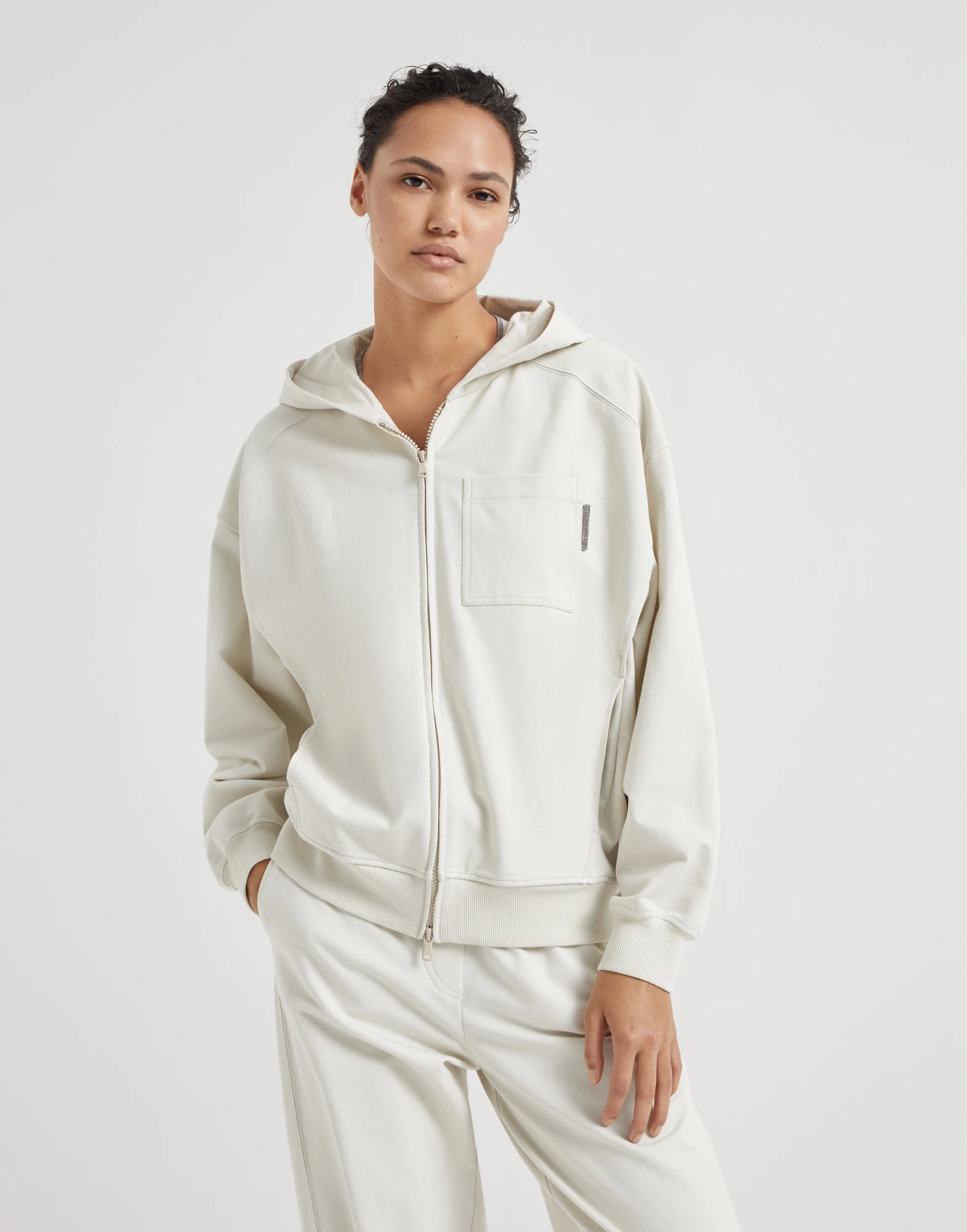 Stretch cotton lightweight French terry hooded sweatshirt with shiny tab
