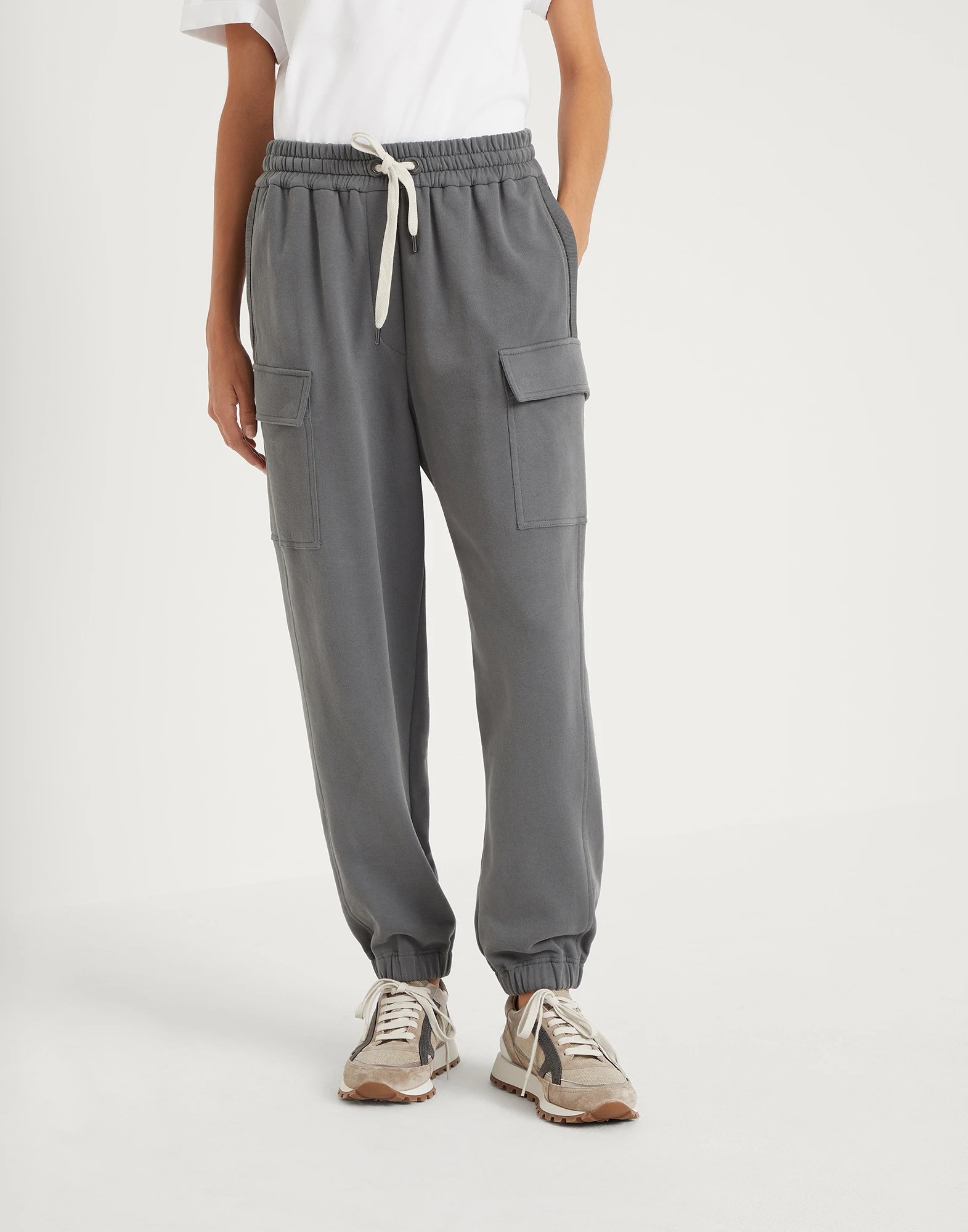Cotton smooth French terry cargo trousers with monili