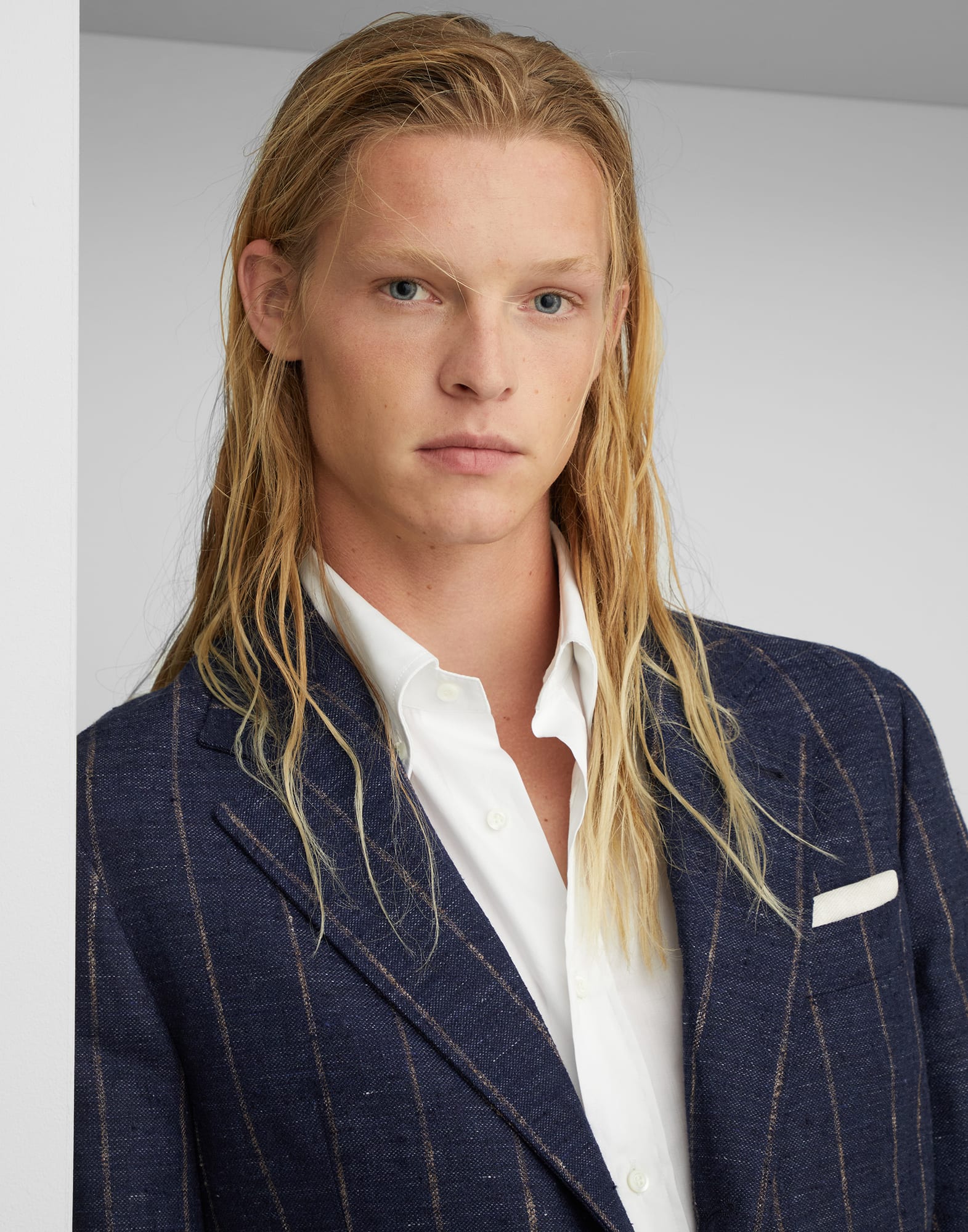 Linen, wool and silk chalk stripe deconstructed Cavallo blazer