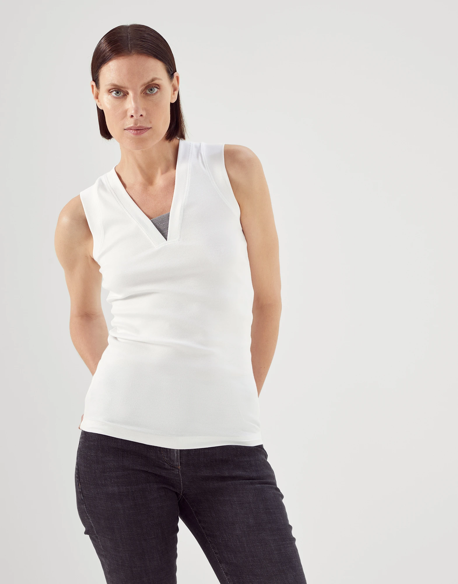 Stretch cotton ribbed jersey top with precious insert