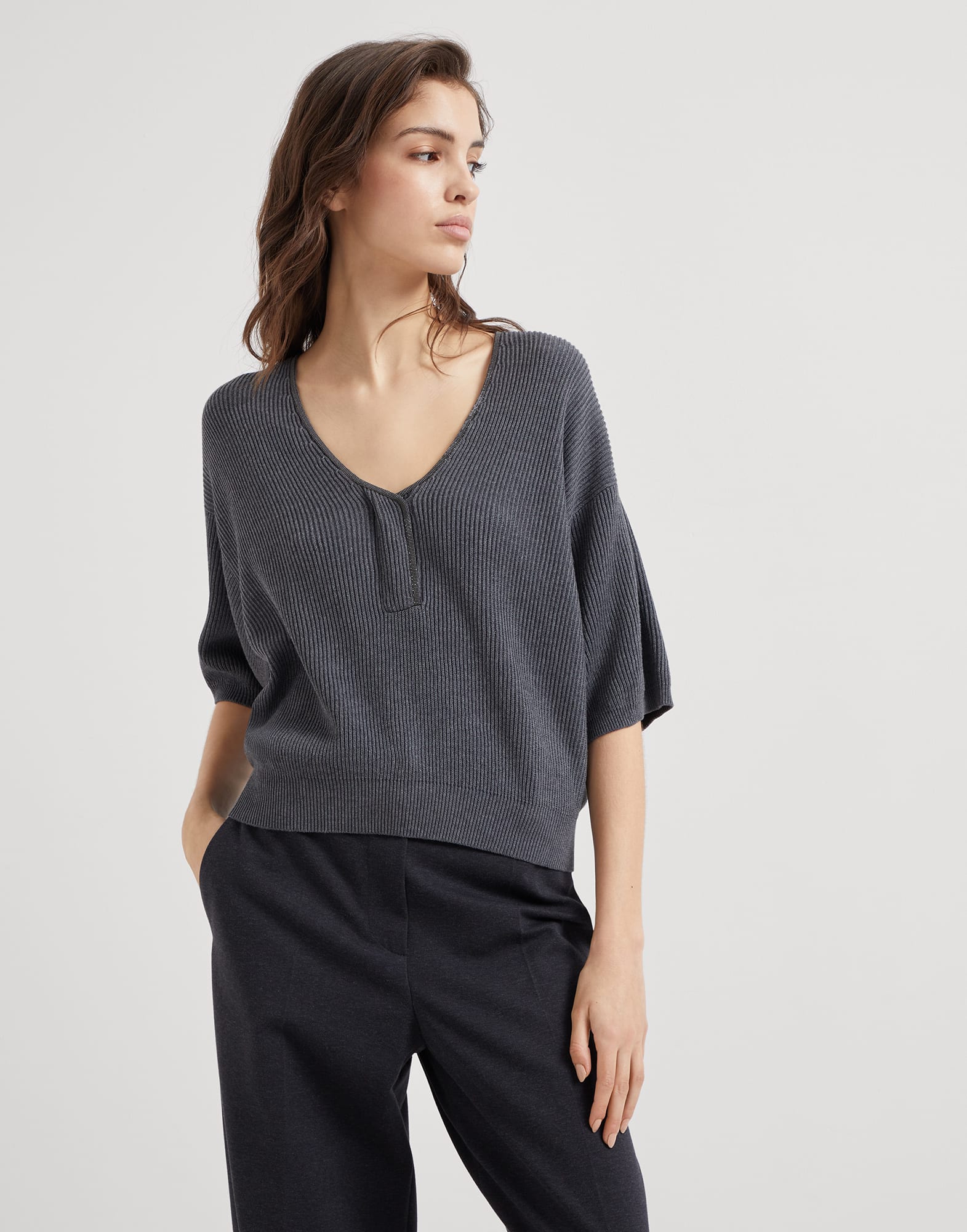 Cotton English rib short sleeve sweater with shiny neckline