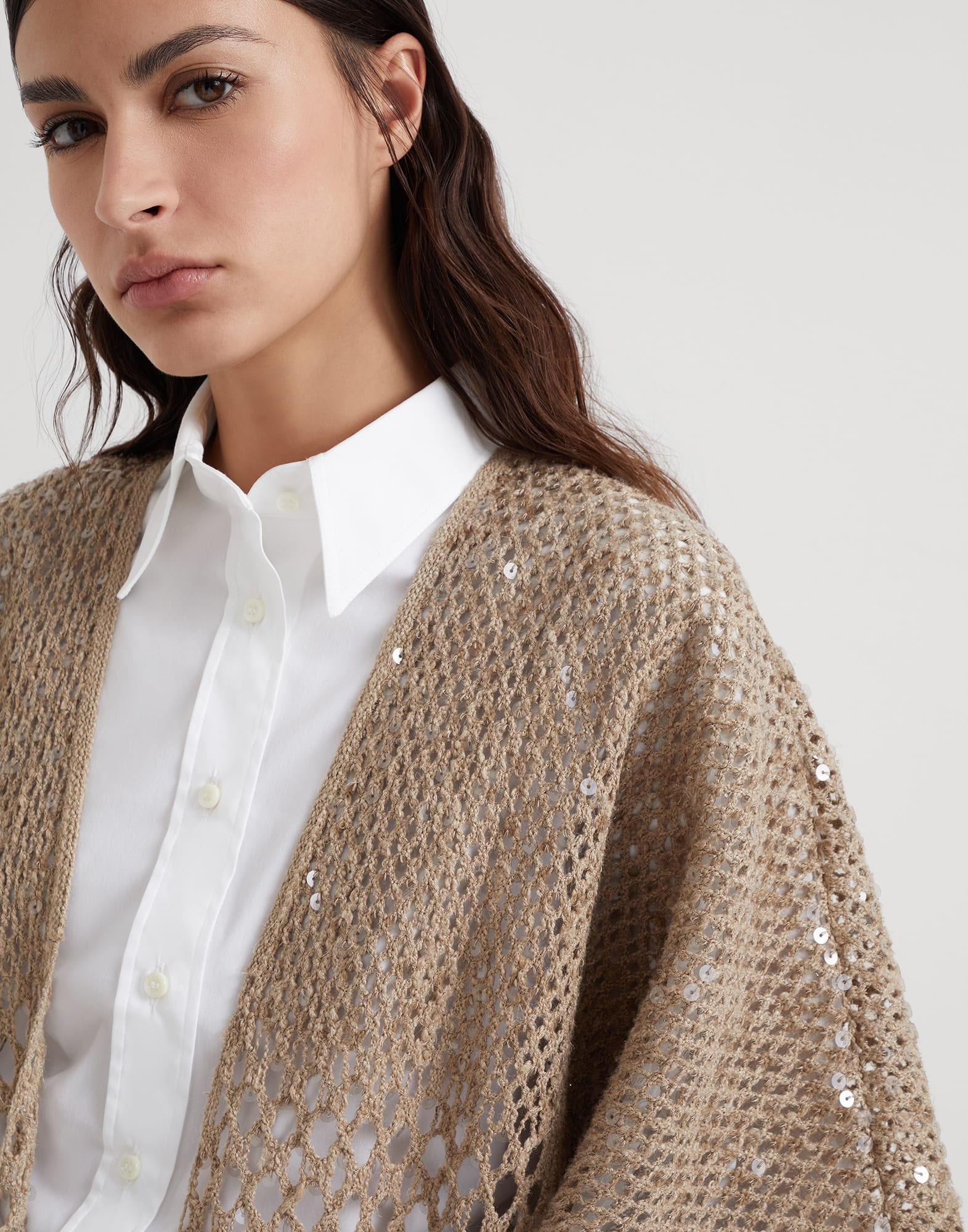 Dazzling degrade embroidery long cardigan in silk and linen