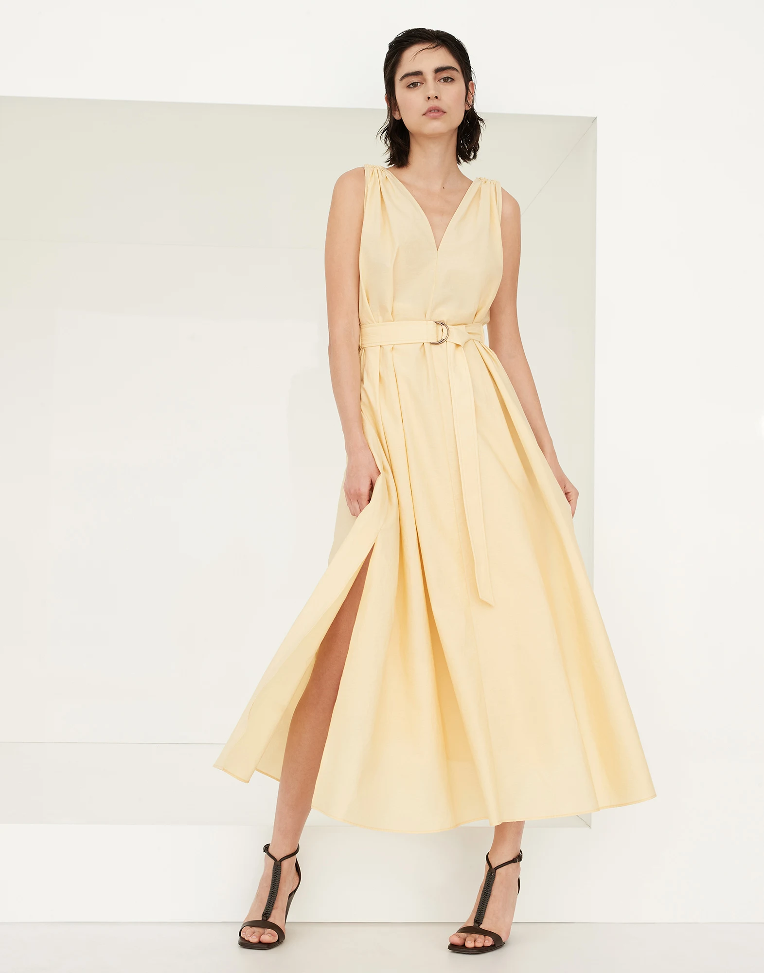 Techno cotton poplin belted dress with precious shoulder detail