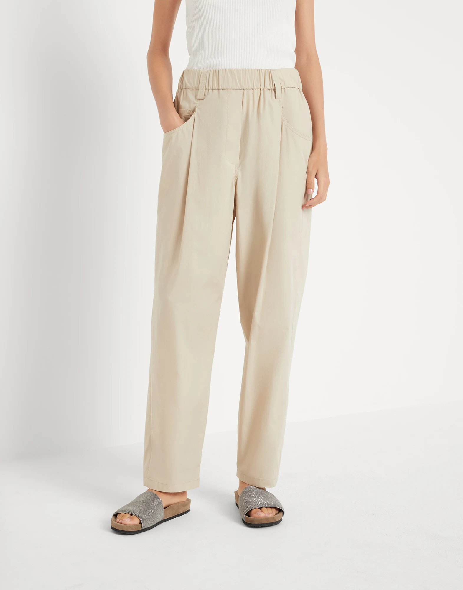 Lightweight cotton poplin baggy track trousers with shiny tab