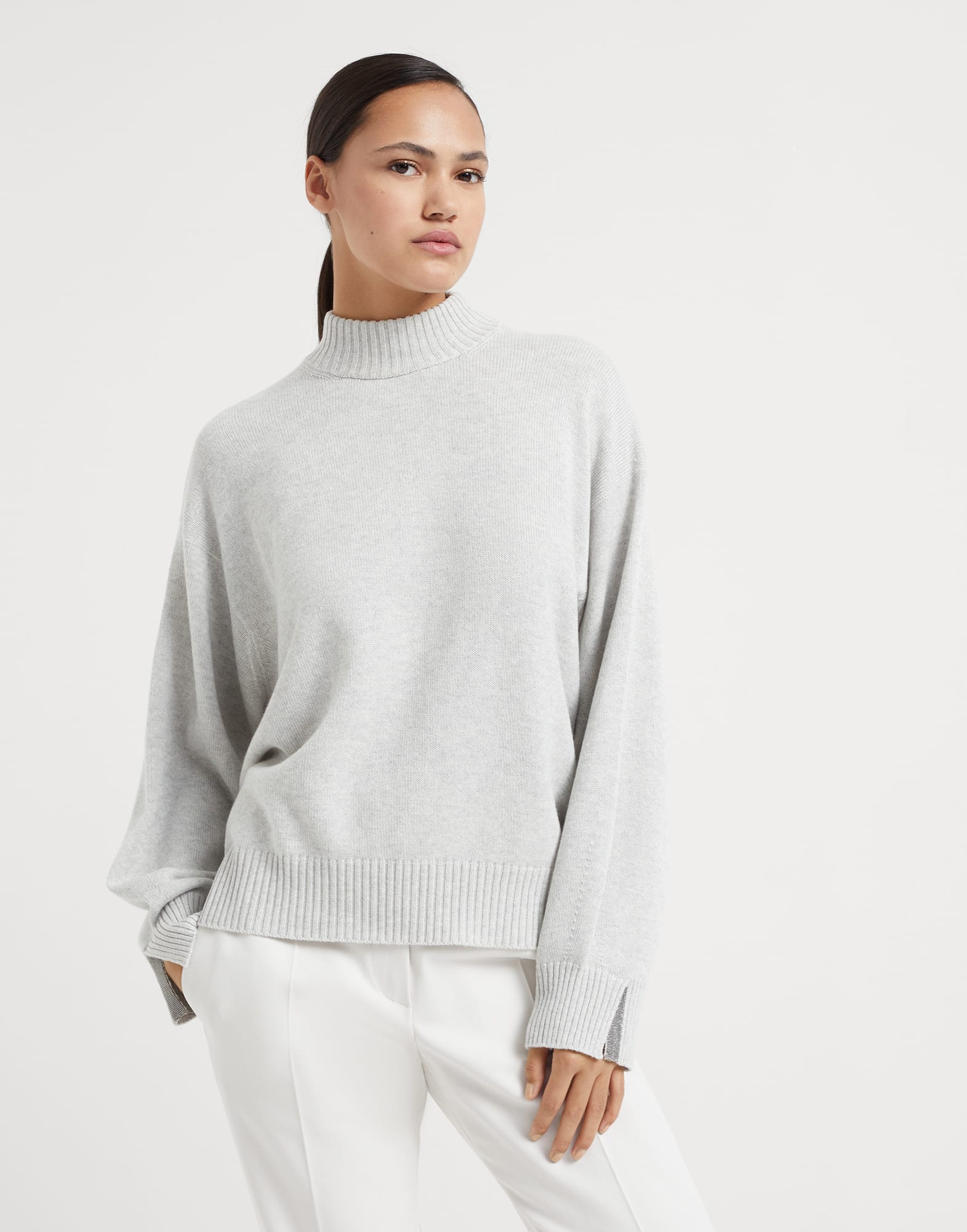 Cashmere mock neck sweater with shiny cuff details