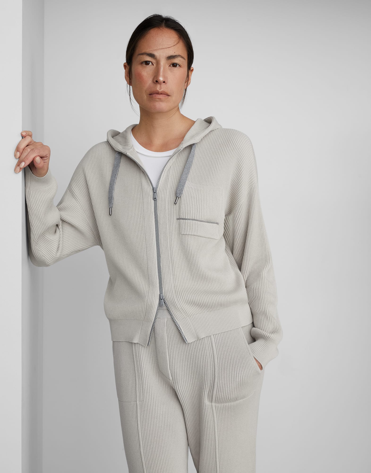 Cotton English rib hooded cardigan with shiny detail