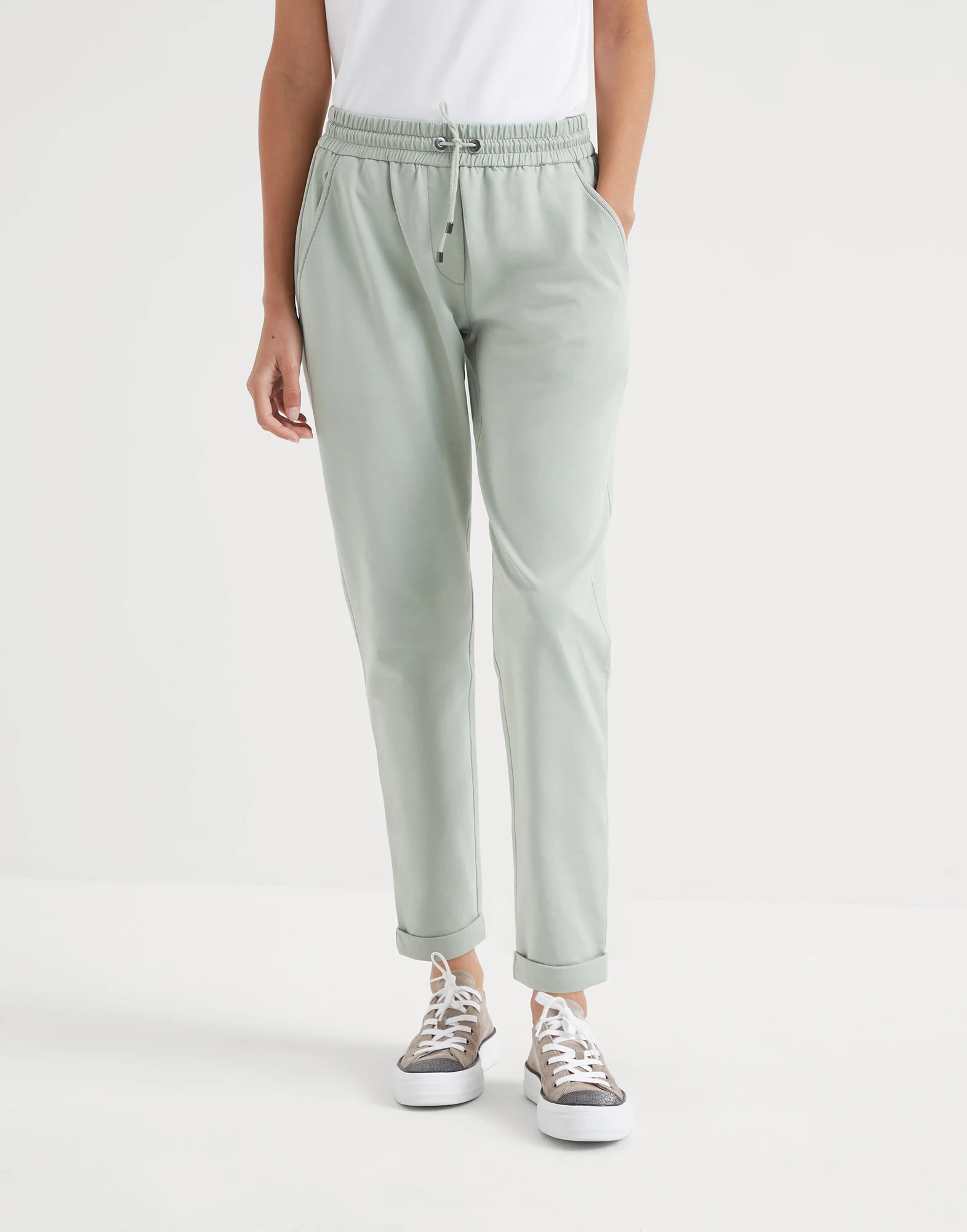 Stretch cotton lightweight French terry trousers with monili