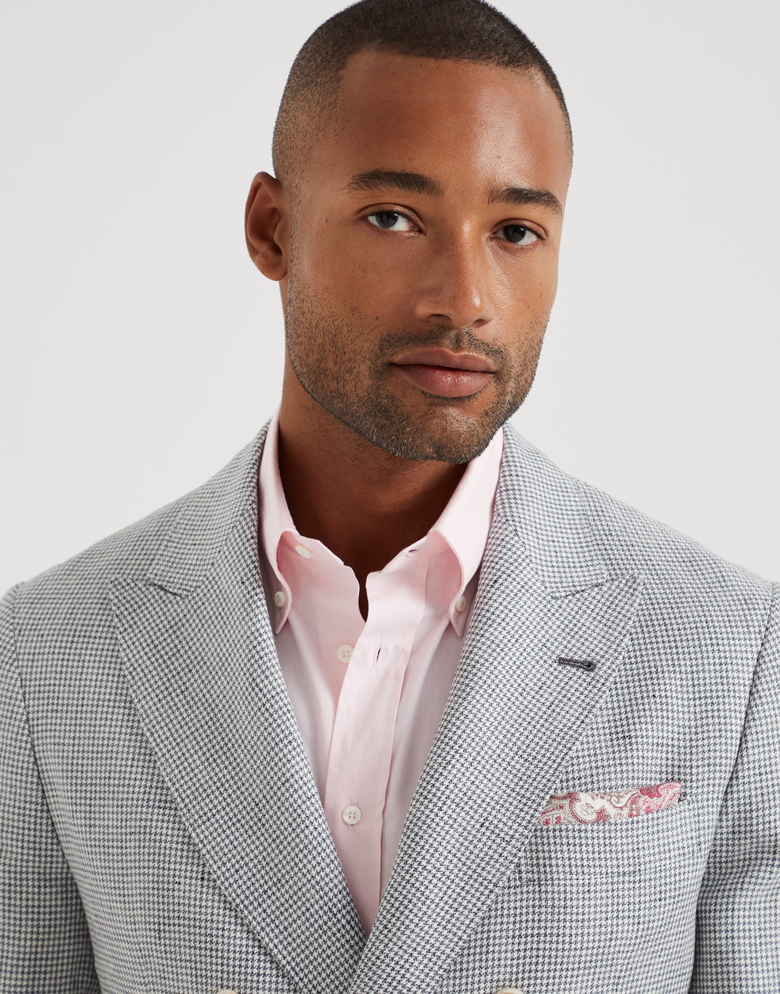 Linen houndstooth one-and-a-half breasted deconstructed blazer with patch pockets