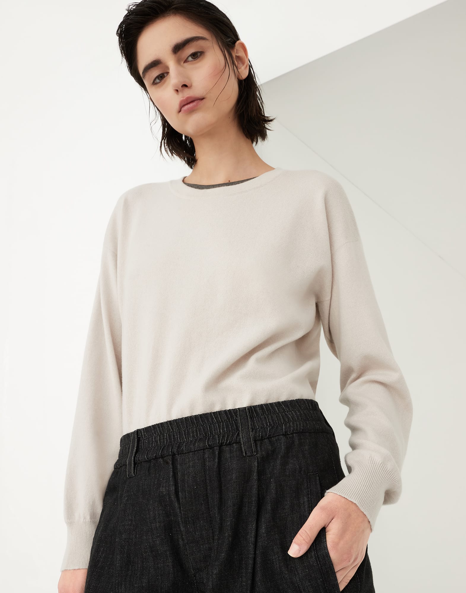 Dark polished denim baggy trousers with shiny loop details