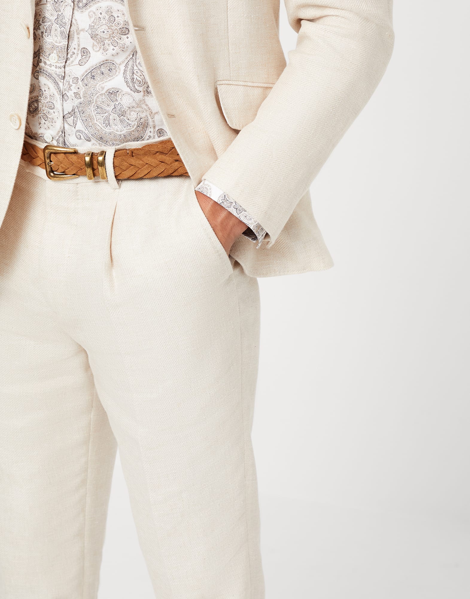 Linen, wool and silk diagonal leisure fit trousers with pleat