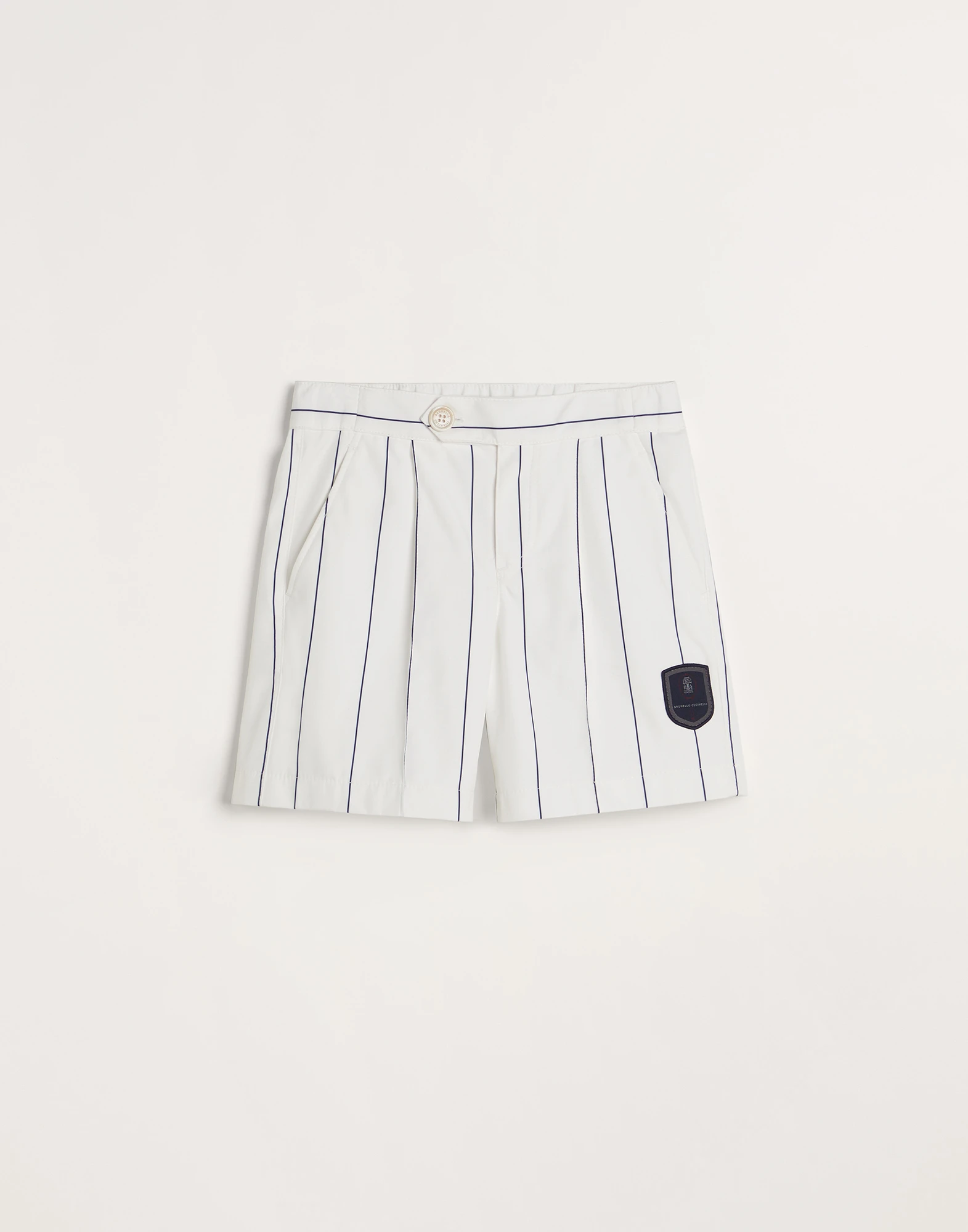 Chalk stripe nylon pleated Bermuda shorts with tennis badge