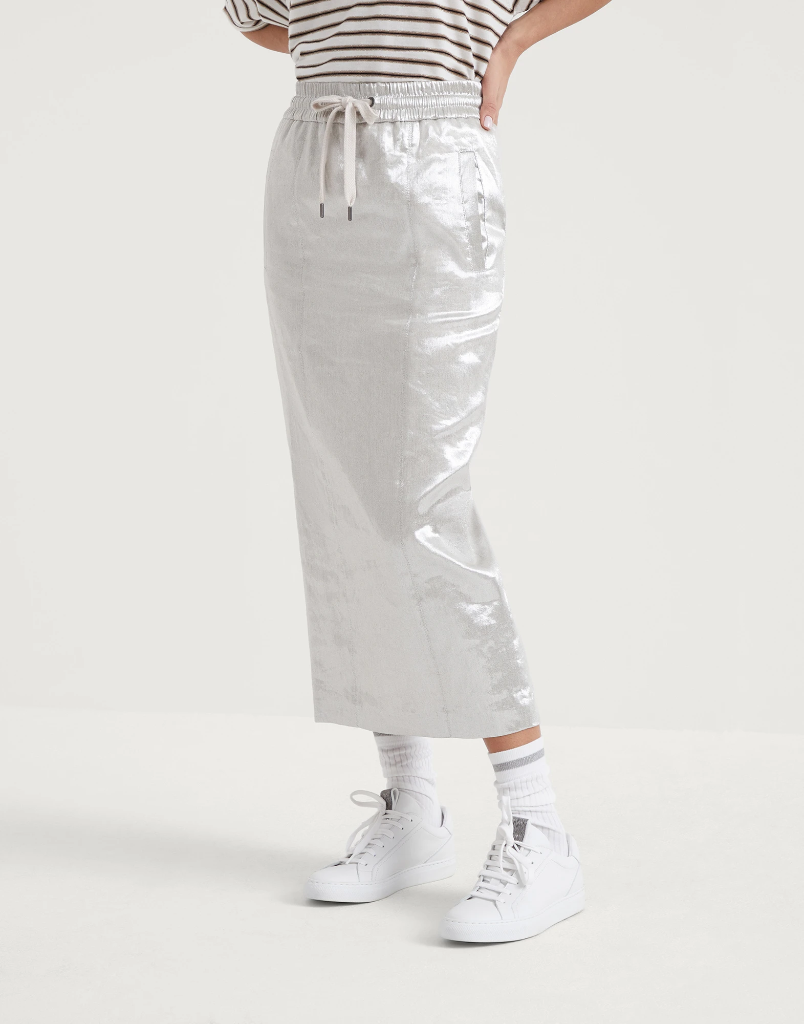 Sparkling linen gabardine midi track skirt