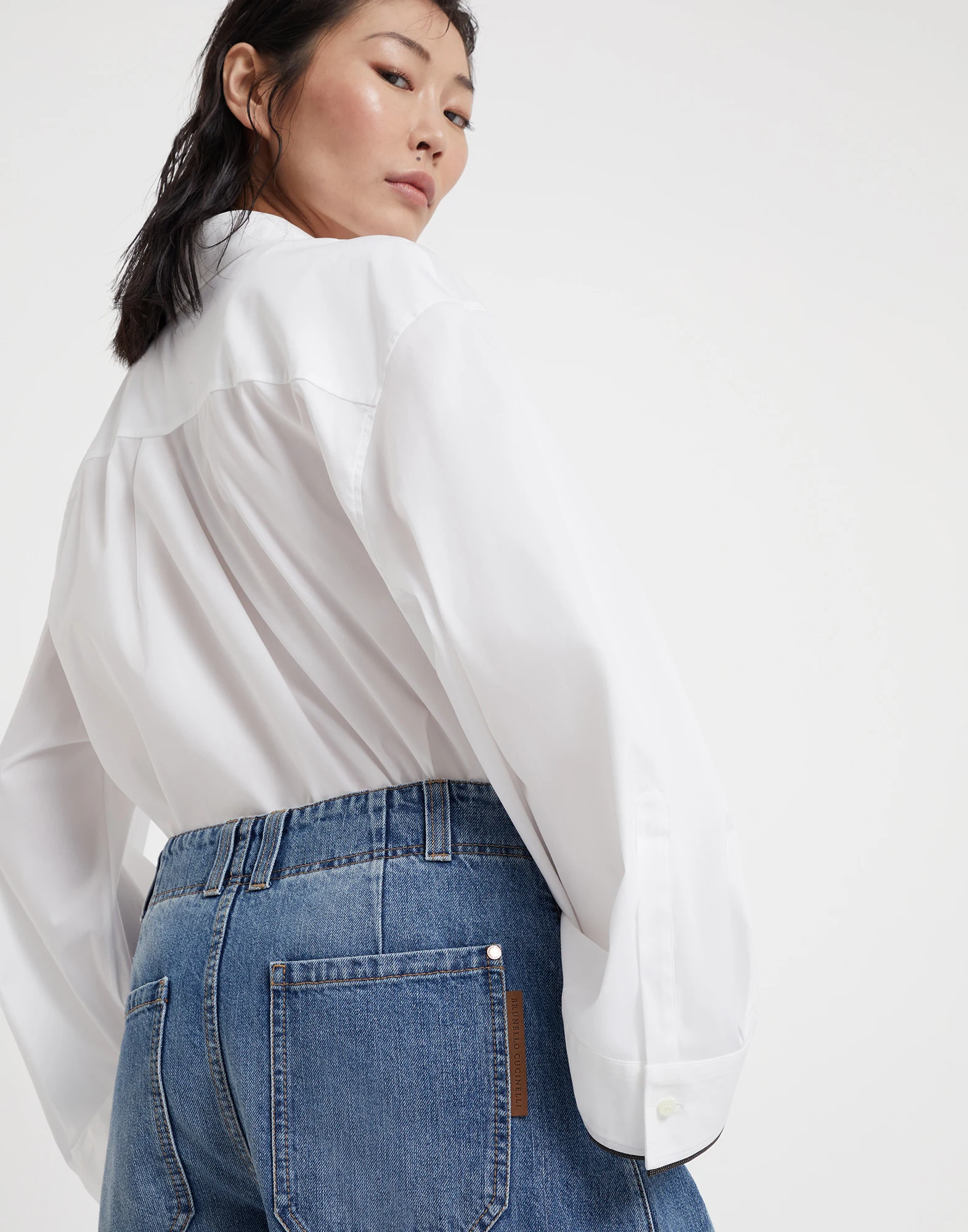 Authentic denim curved trousers