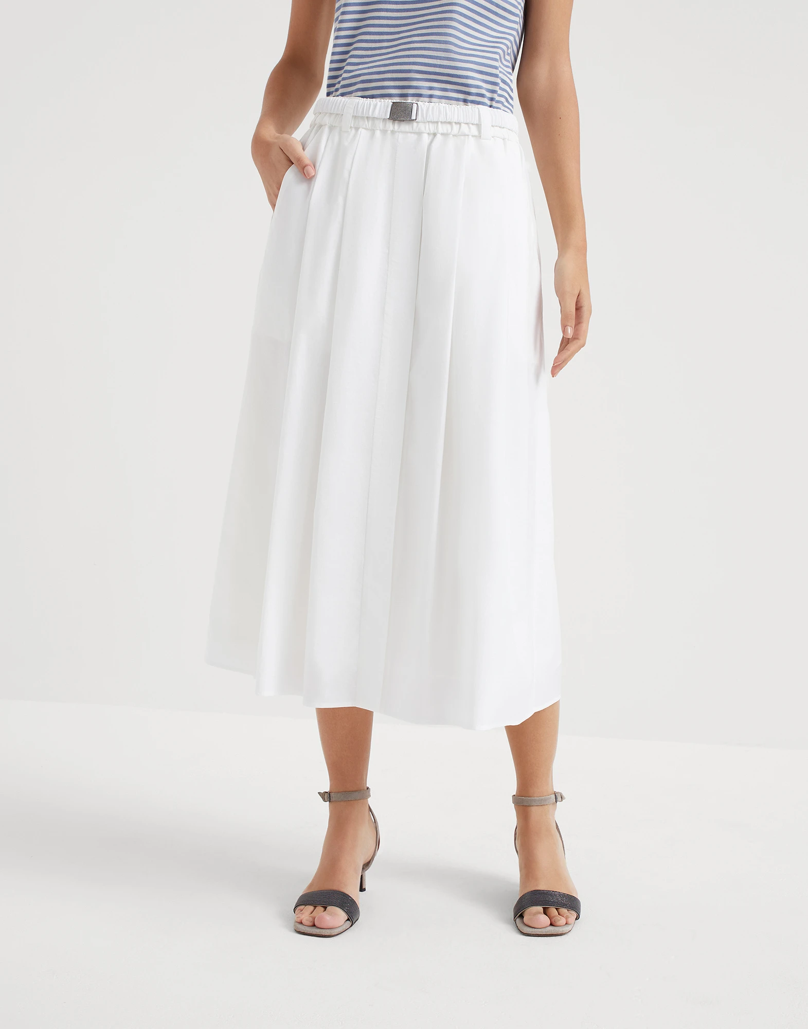 Techno cotton poplin skirt with shimmering buckle