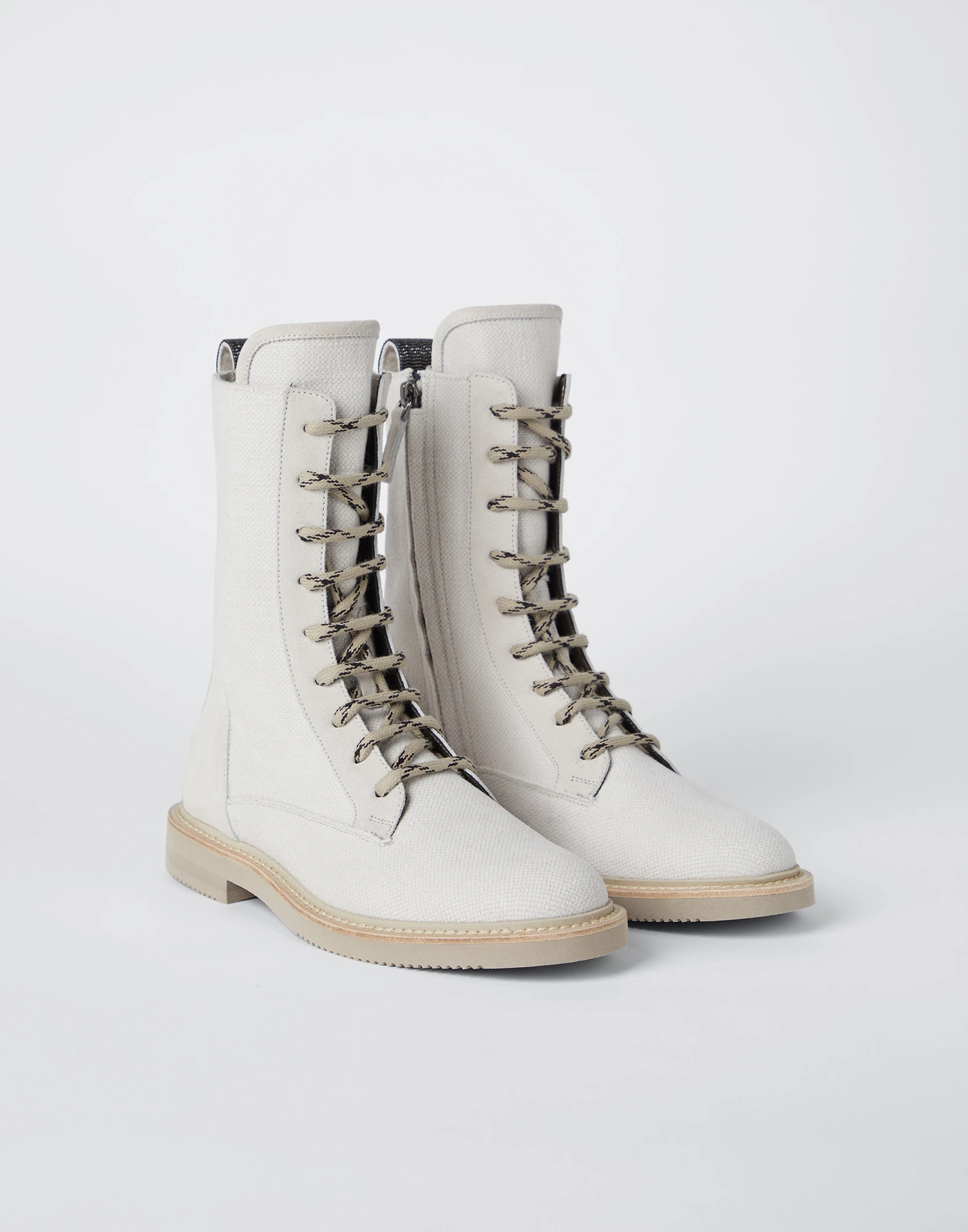 Cotton and linen canvas and calfskin boots with precious detail