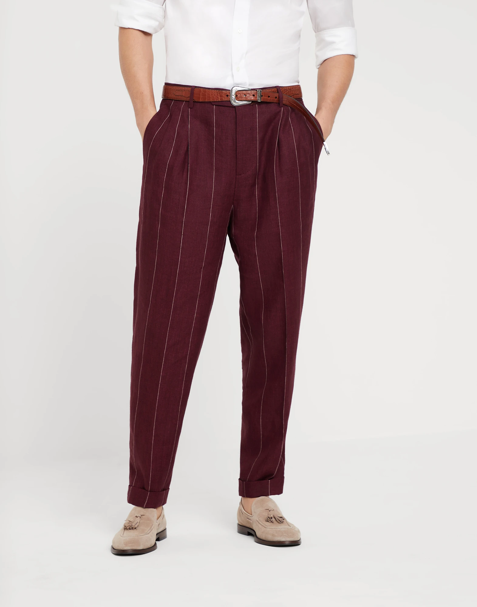Linen wide chalk stripe easy fit trousers with double pleats and waist tabs